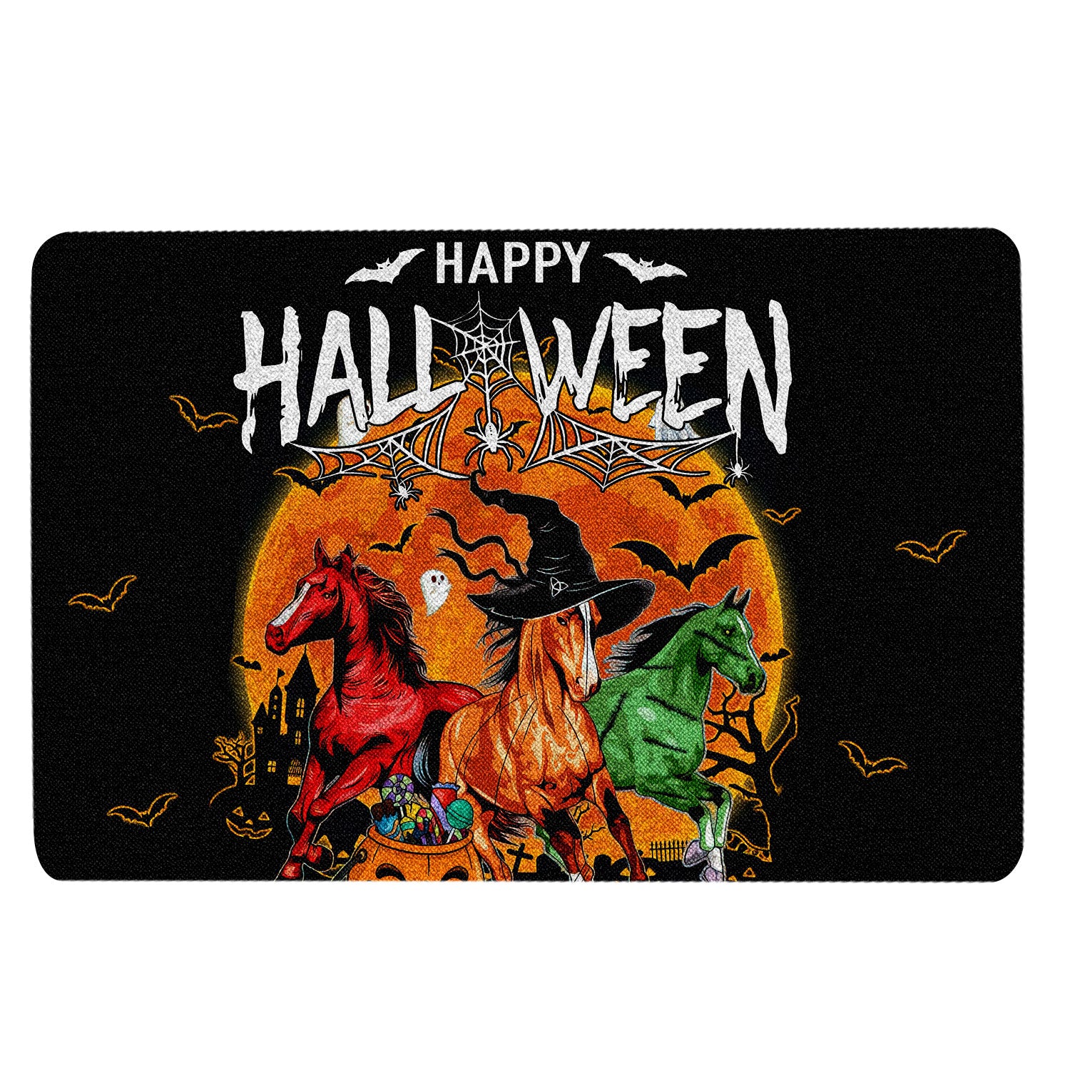 Horse Rubber Doormat, Horse Happy Halloween Boo Trick Or Treat Pumpkin Moon Gift Welcome Doormat, Indoor Outdoor Door Mat, Home Decor