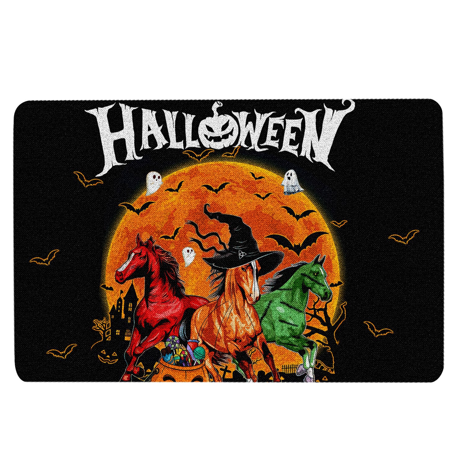 Horse Rubber Doormat, Horse Happy Halloween Trick Or Treat Boo Pumpkin Moon Gift Welcome Doormat, Indoor Outdoor Door Mat, Home Decor