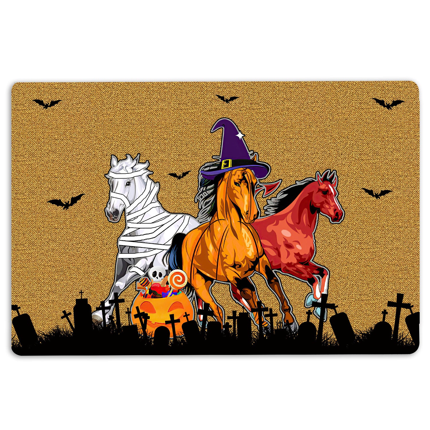 Horse Rubber Doormat, Halloween Horse Happy Halloween Horses Lovers Welcome Doormat, Indoor Outdoor Door Mat, Home Decor