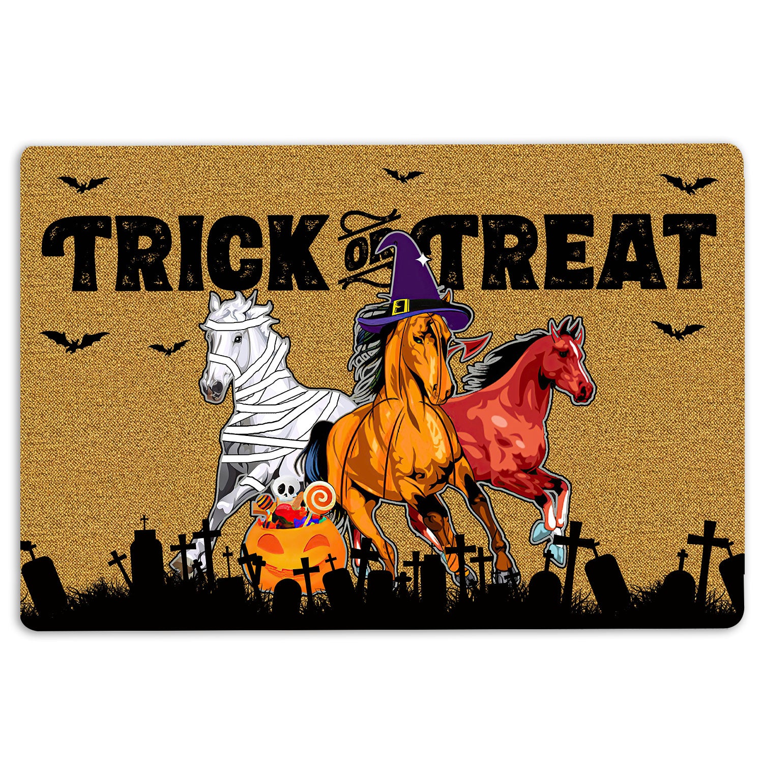 Horse Rubber Doormat, Halloween Horse Happy Halloween Horses Lovers Welcome Doormat, Indoor Outdoor Door Mat, Home Decor