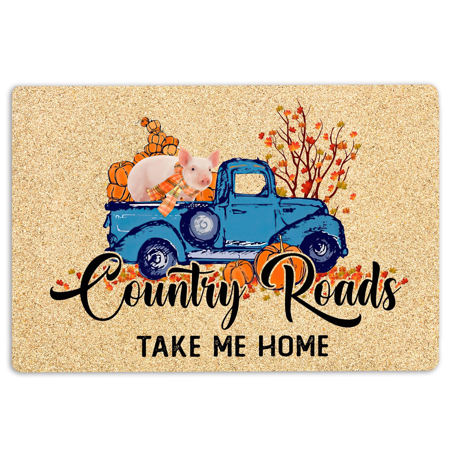 Pig Rubber Doormat, Pig Farm Animal Country Road Take Me Home Fall Pumpkins Autumn Welcome Doormat, Indoor Outdoor Door Mat, Home Decor