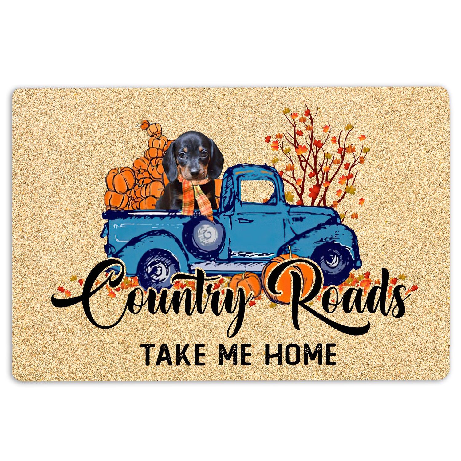 Dachshund Rubber Doormat, Dachshund Dog Country Road Take Me Home Fall Pumpkins Autumn Welcome Doormat, Indoor Outdoor Door Mat, Home Decor