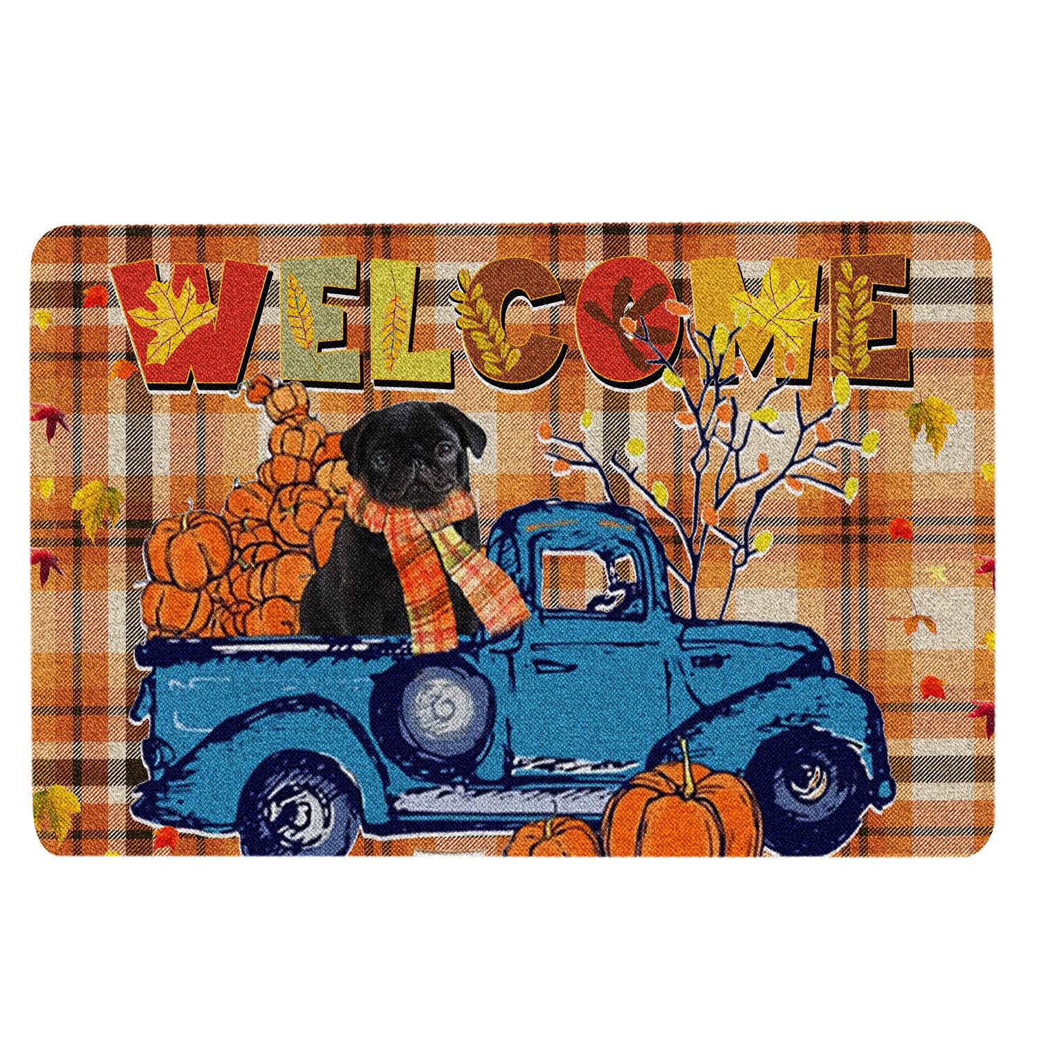 Pug Rubber Doormat, Black Pug Pumpkin Truck Autumn Happy Fall Y'All Thanksgiving Day Welcome Doormat, Indoor Outdoor Door Mat, Home Decor