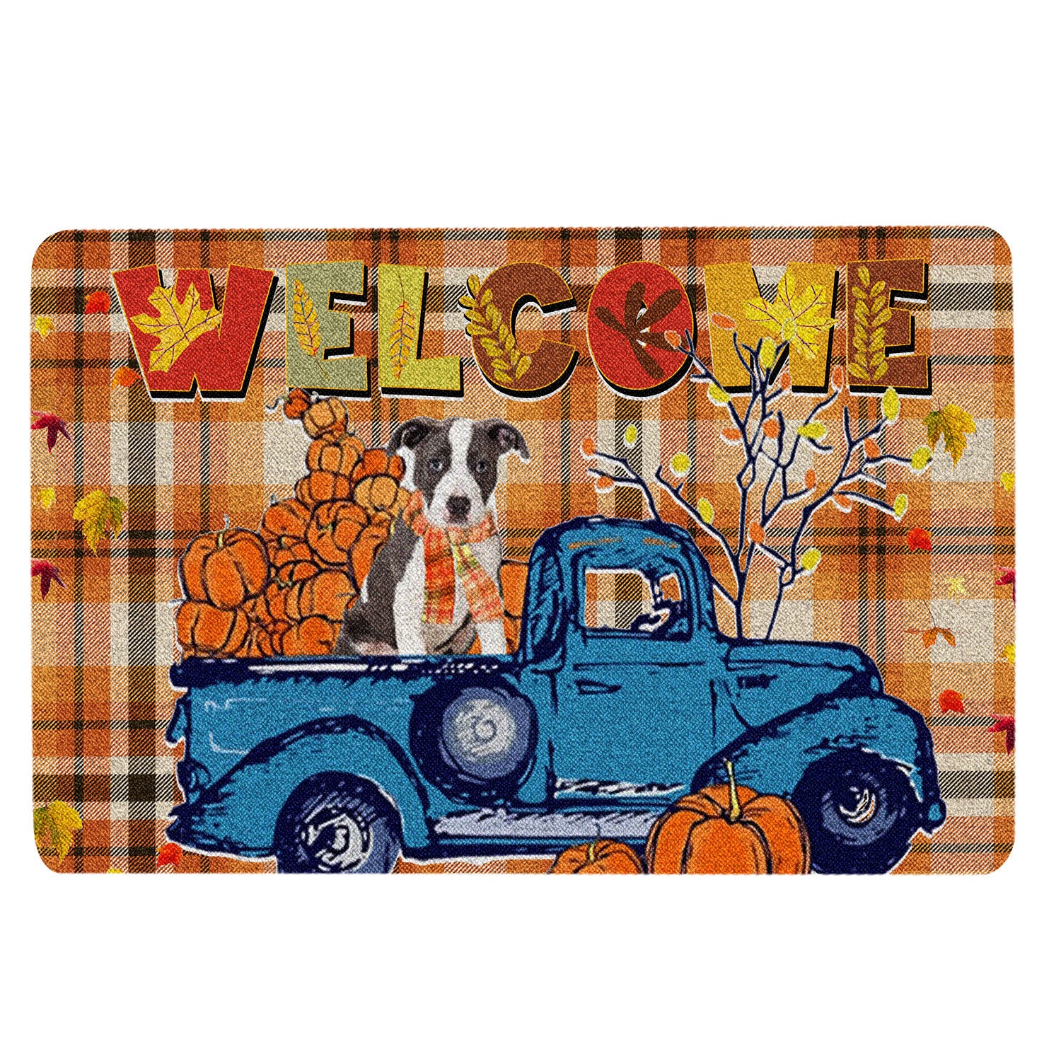 Pitbull Rubber Doormat, Pitbull Pumpkin Truck Autumn Happy Fall Y'All Thanksgiving Day Welcome Doormat, Indoor Outdoor Door Mat, Home Decor