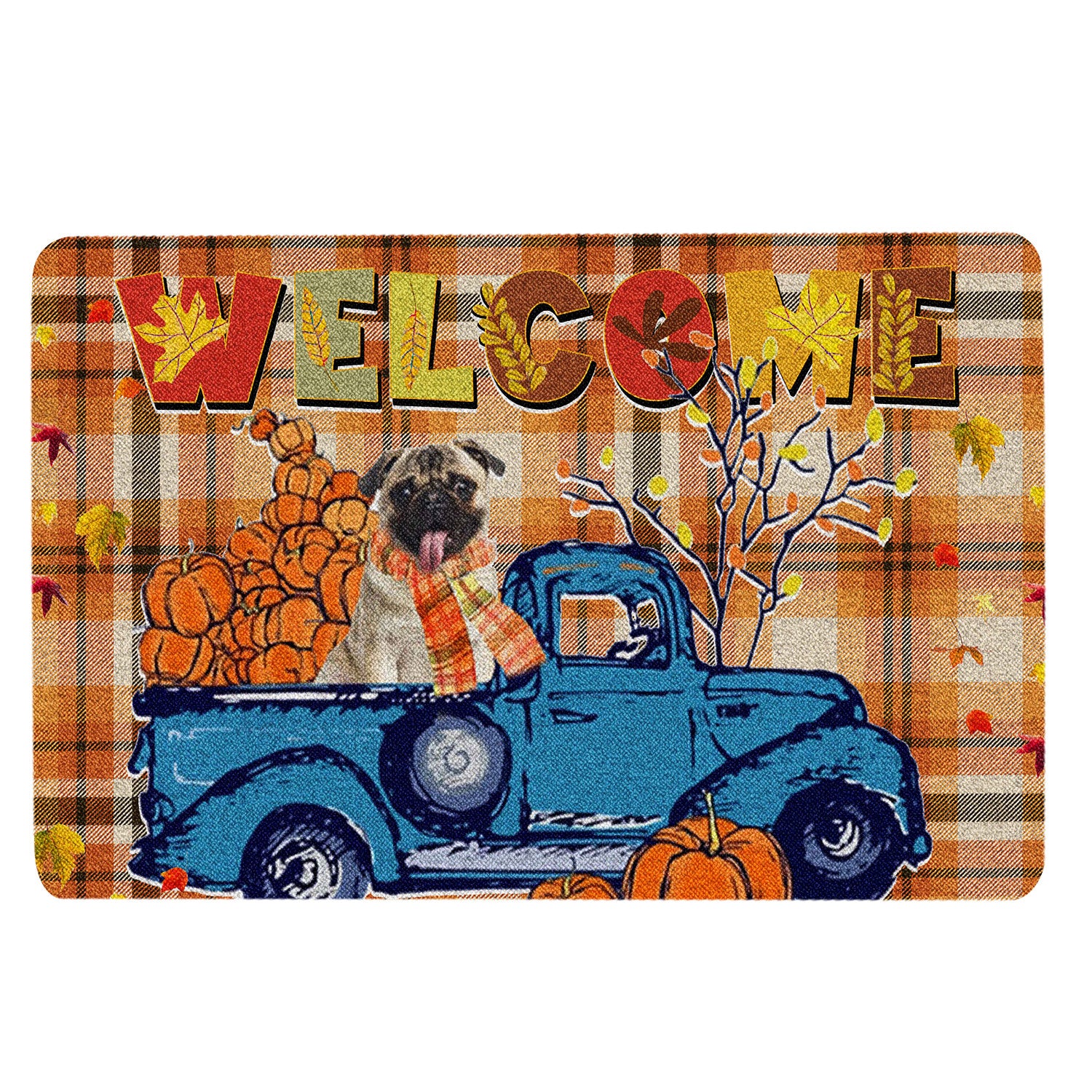 Pug Rubber Doormat, Pug Pumpkin Truck Autumn Happy Fall Y'All Thanksgiving Day Welcome Doormat, Indoor Outdoor Door Mat, Home Decor