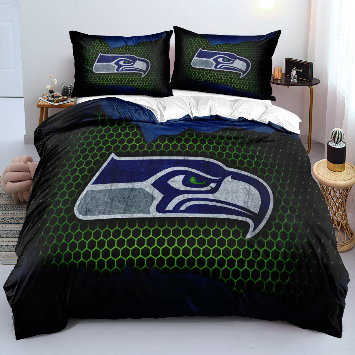 Seattle Seahawk Football League Quilt Case Pillowcase Bedding Set