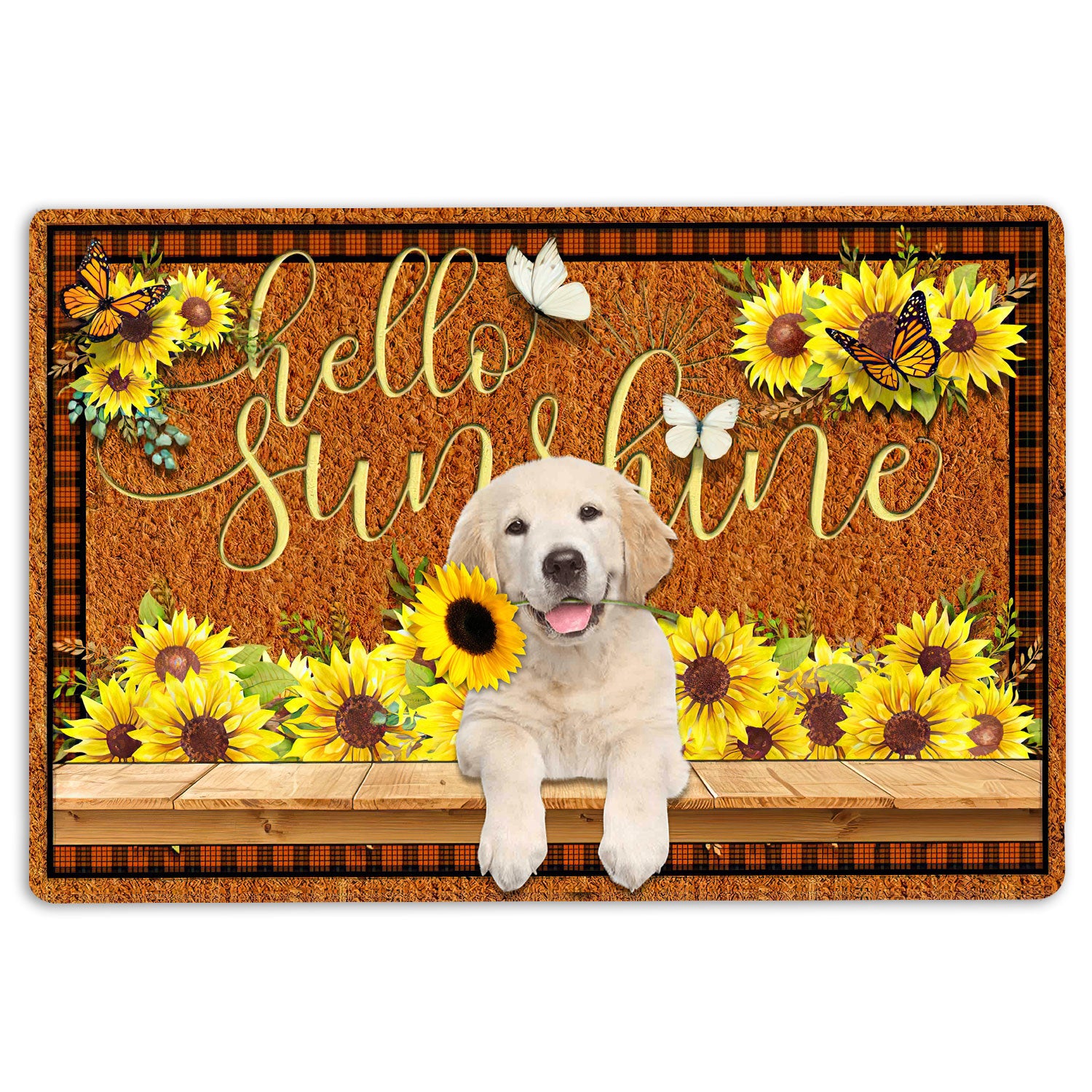 Labrador Retriever Rubber Doormat, Yellow Labrador Retriever Dog Hello Sunflower Butterfly Welcome Doormat, Indoor Outdoor Door Mat, Home Decor