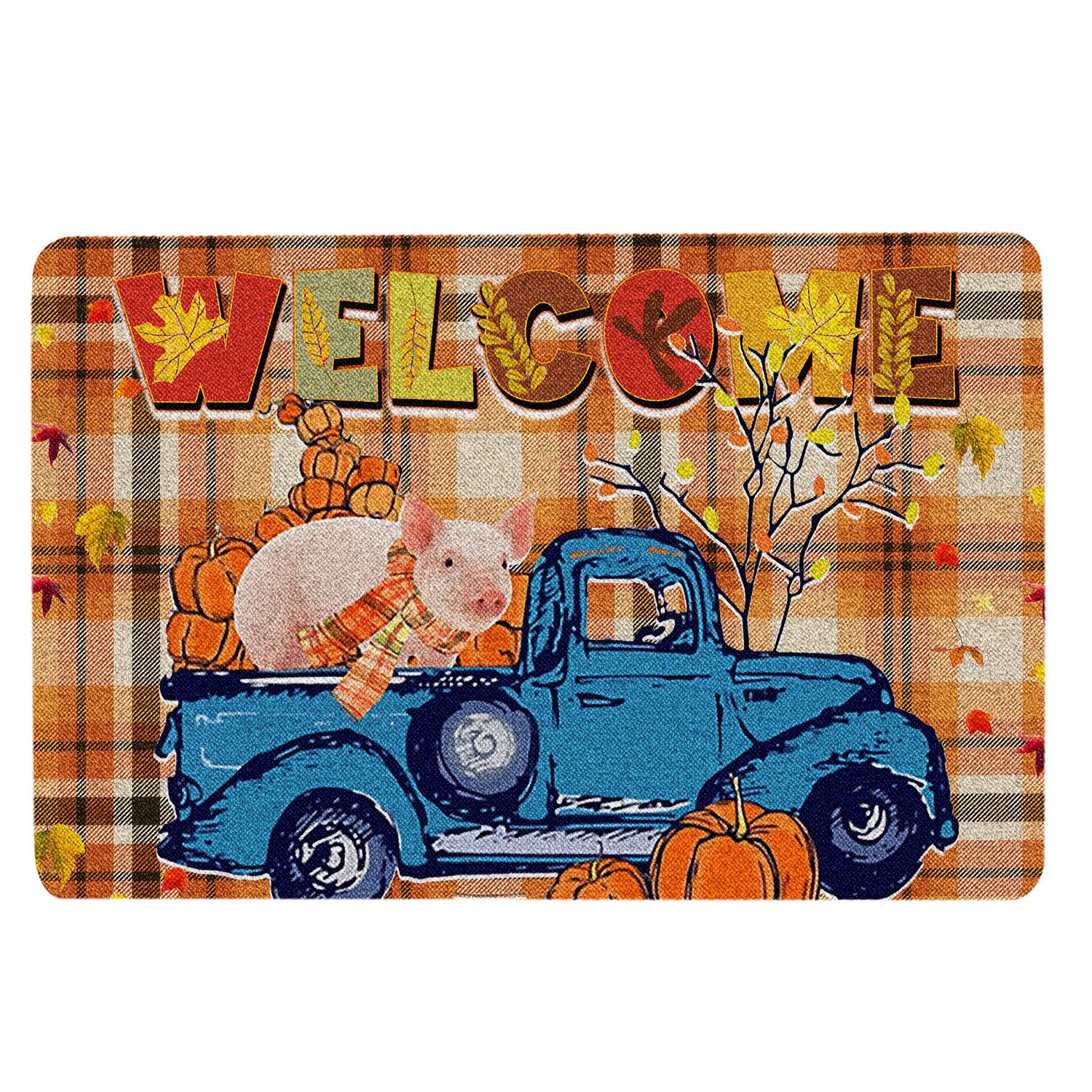 Pig Rubber Doormat, Pig Pumpkin Truck Autumn Happy Fall Y'All Thanksgiving Day Welcome Doormat, Indoor Outdoor Door Mat, Home Decor