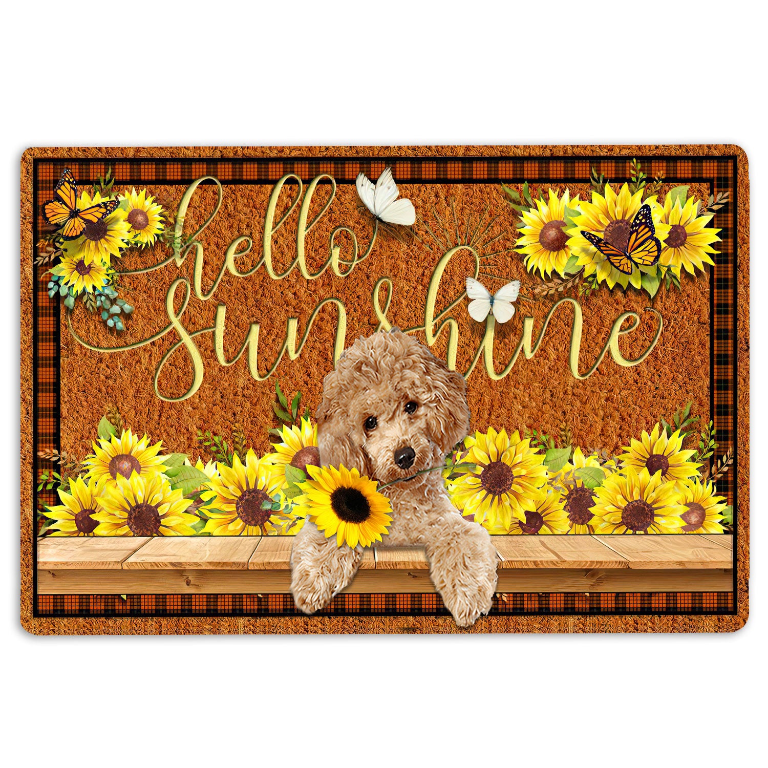 Poodle Rubber Doormat, Poodle Dog Hello Sunflower Butterfly Welcome Doormat, Indoor Outdoor Door Mat, Home Decor