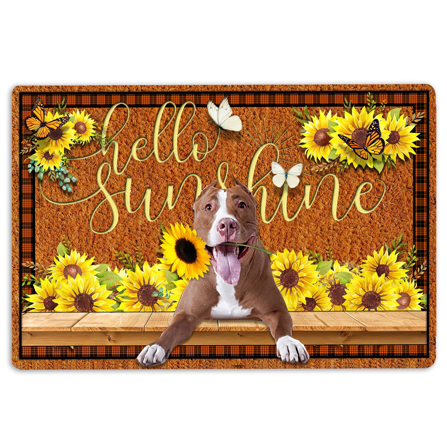 Pitbull Rubber Doormat, Pitbull Dog Hello Sunflower Butterfly Welcome Doormat, Indoor Outdoor Door Mat, Home Decor