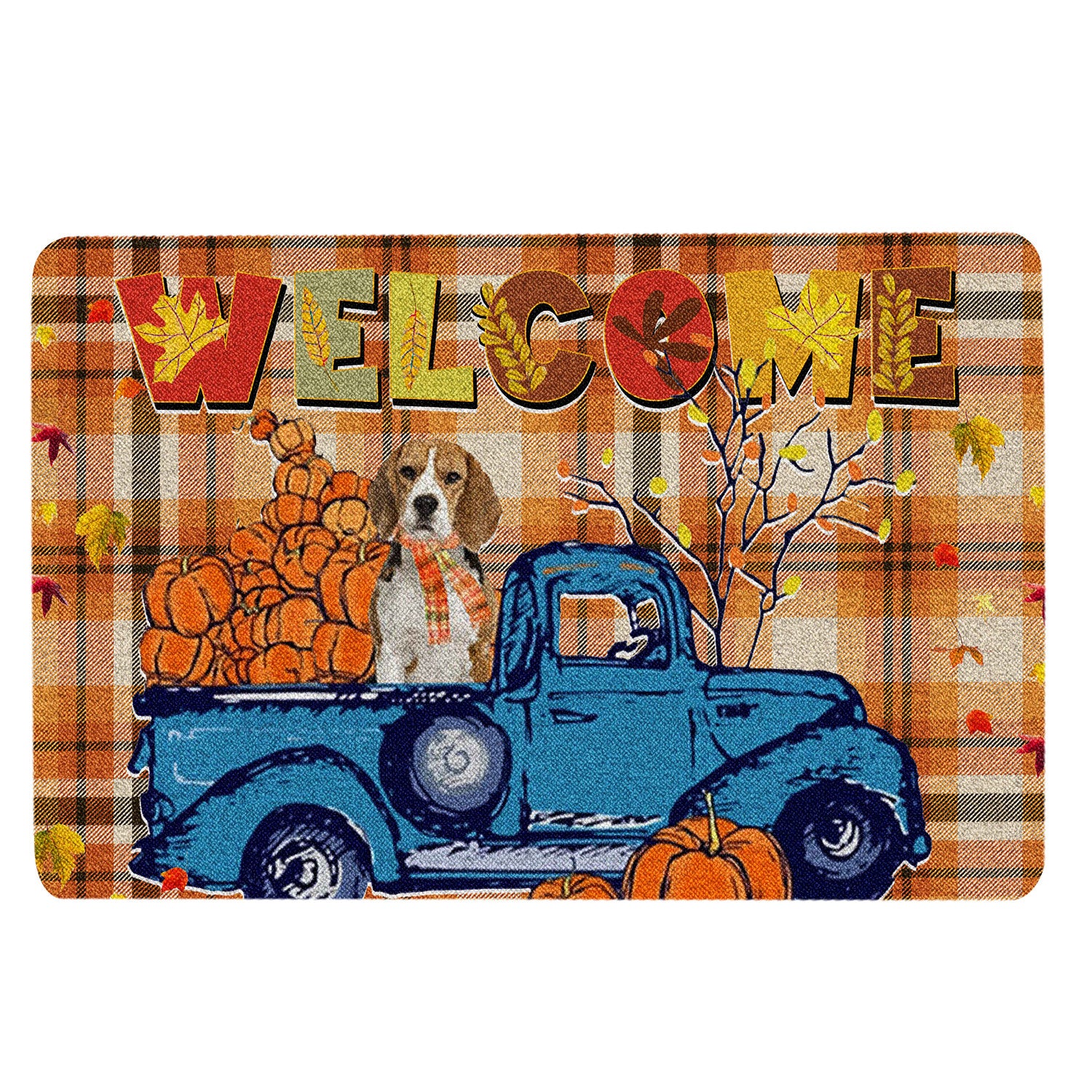 Beagle Rubber Doormat, Beagle Pumpkin Truck Autumn Happy Fall Y'All Thanksgiving Day Welcome Doormat, Indoor Outdoor Door Mat, Home Decor
