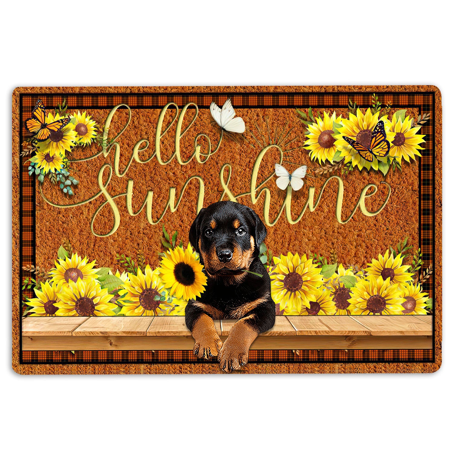 Rottweiler Rubber Doormat, Rottweiler Dog Hello Sunflower Butterfly Welcome Doormat, Indoor Outdoor Door Mat, Home Decor