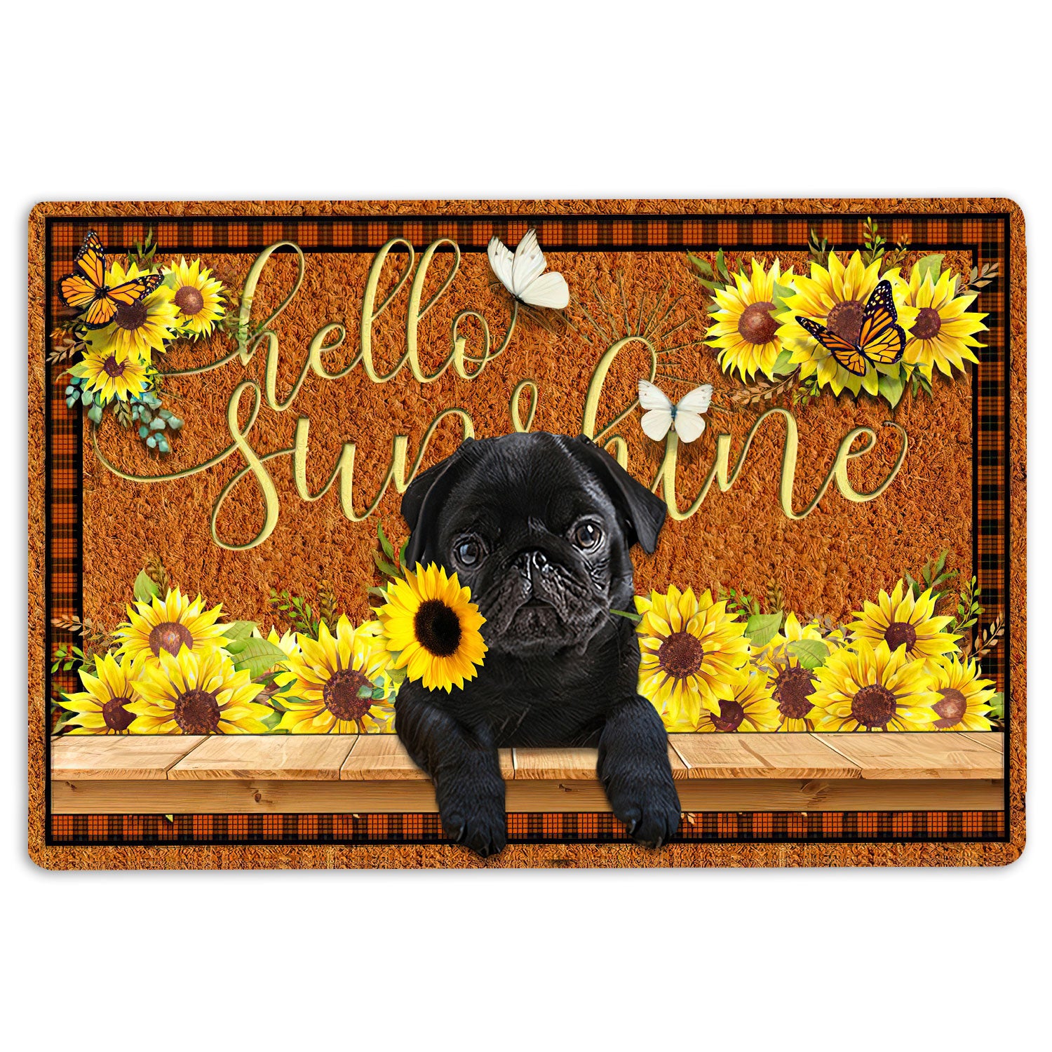 Pug Rubber Doormat, Black Pug Dog Hello Sunflower Butterfly Welcome Doormat, Indoor Outdoor Door Mat, Home Decor