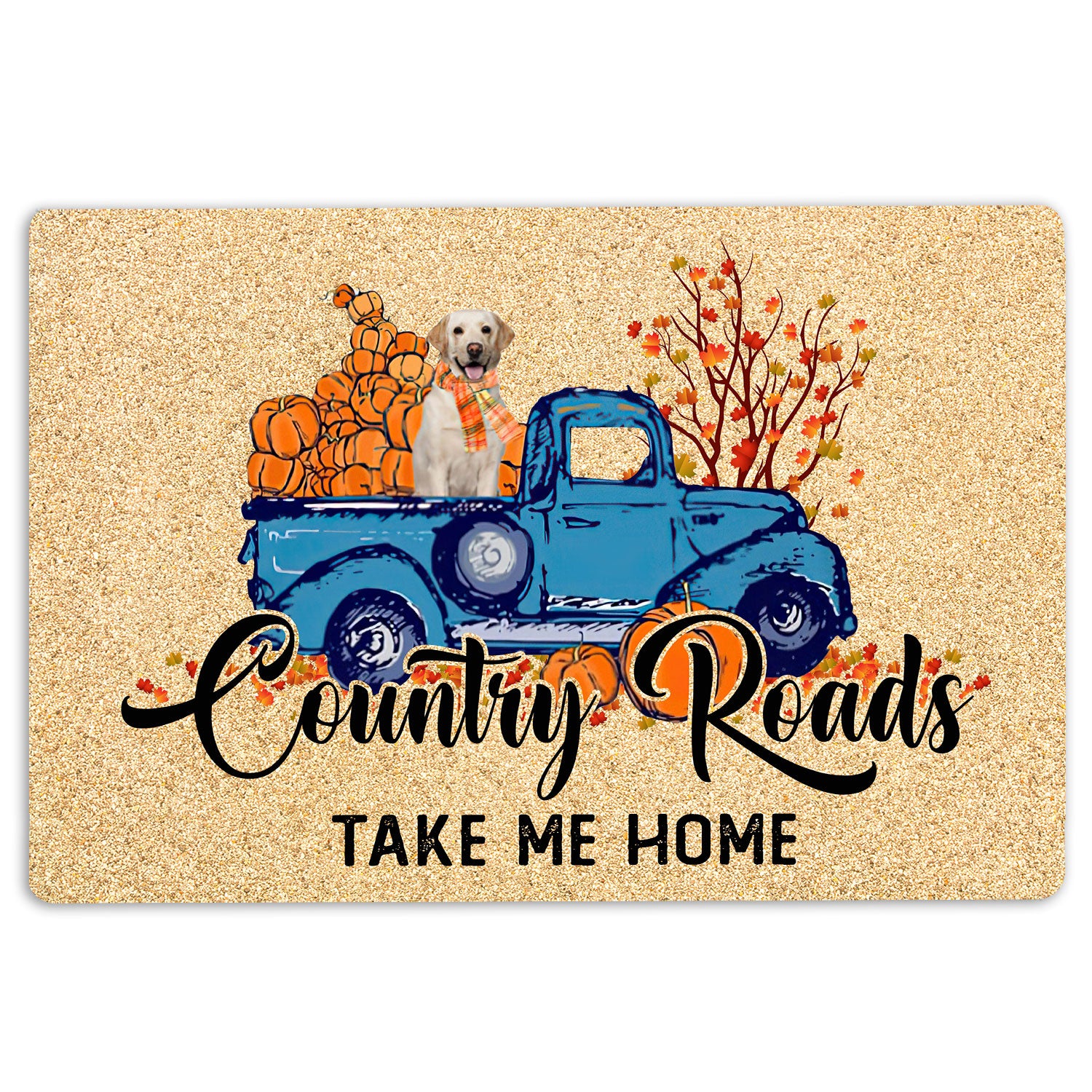 Labrador Retriever Rubber Doormat, Labrador Retriever Dog Country Road Take Me Home Fall Pumpkins Welcome Doormat, Indoor Outdoor Door Mat, Home Decor