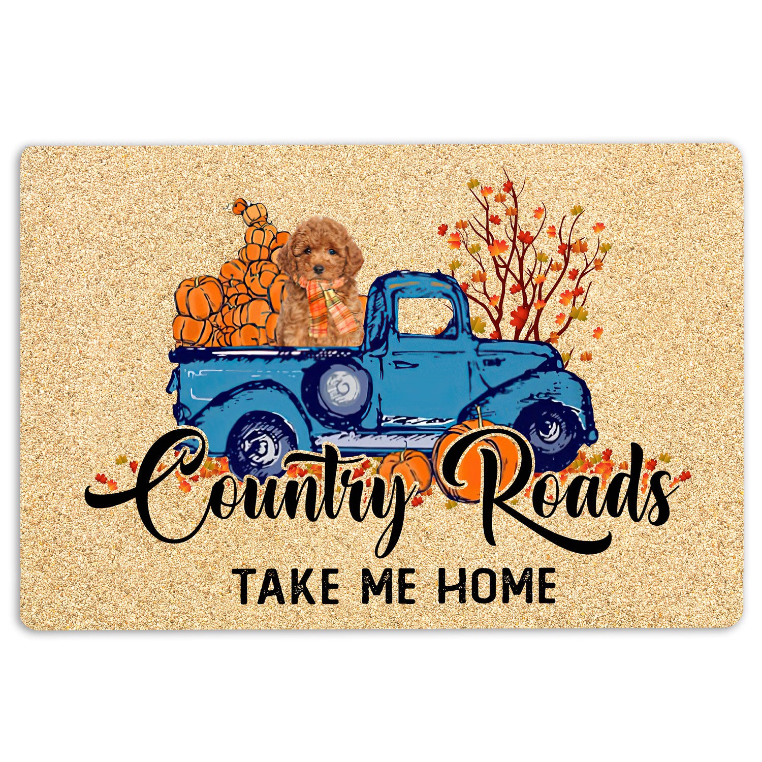 Poodle Rubber Doormat, Poodle Dog Country Road Take Me Home Fall Pumpkins Autumn Welcome Doormat, Indoor Outdoor Door Mat, Home Decor