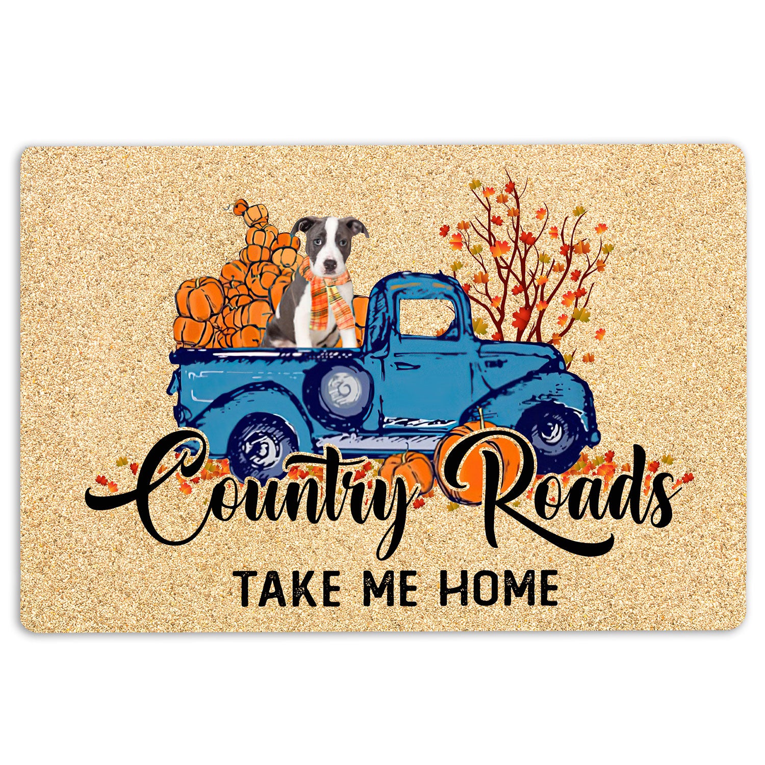 Pitbull Rubber Doormat, Pitbull Dog Country Road Take Me Home Fall Pumpkins Autumn Welcome Doormat, Indoor Outdoor Door Mat, Home Decor