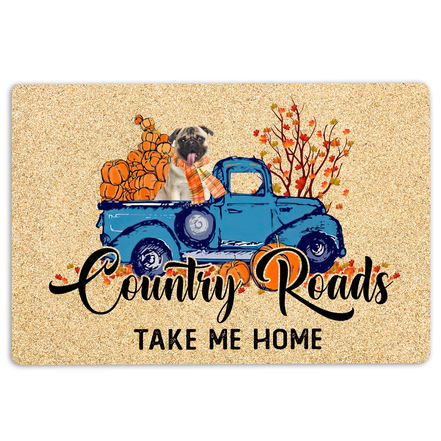 Pug Rubber Doormat, Pug Dog Country Road Take Me Home Fall Pumpkins Autumn Welcome Doormat, Indoor Outdoor Door Mat, Home Decor