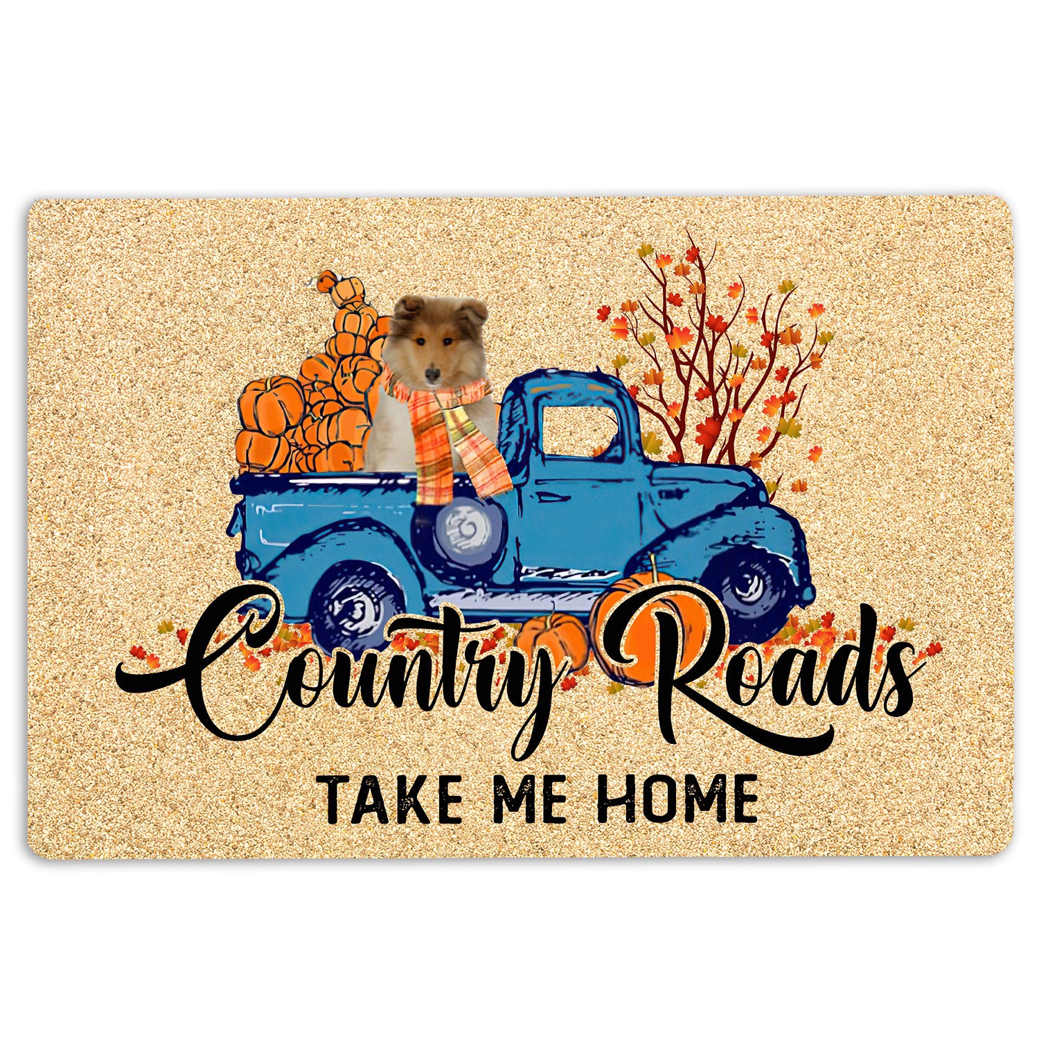 Rough Collie Rubber Doormat, Rough Collie Dog Country Road Take Me Home Fall Pumpkins Autumn Welcome Doormat, Indoor Outdoor Door Mat, Home Decor