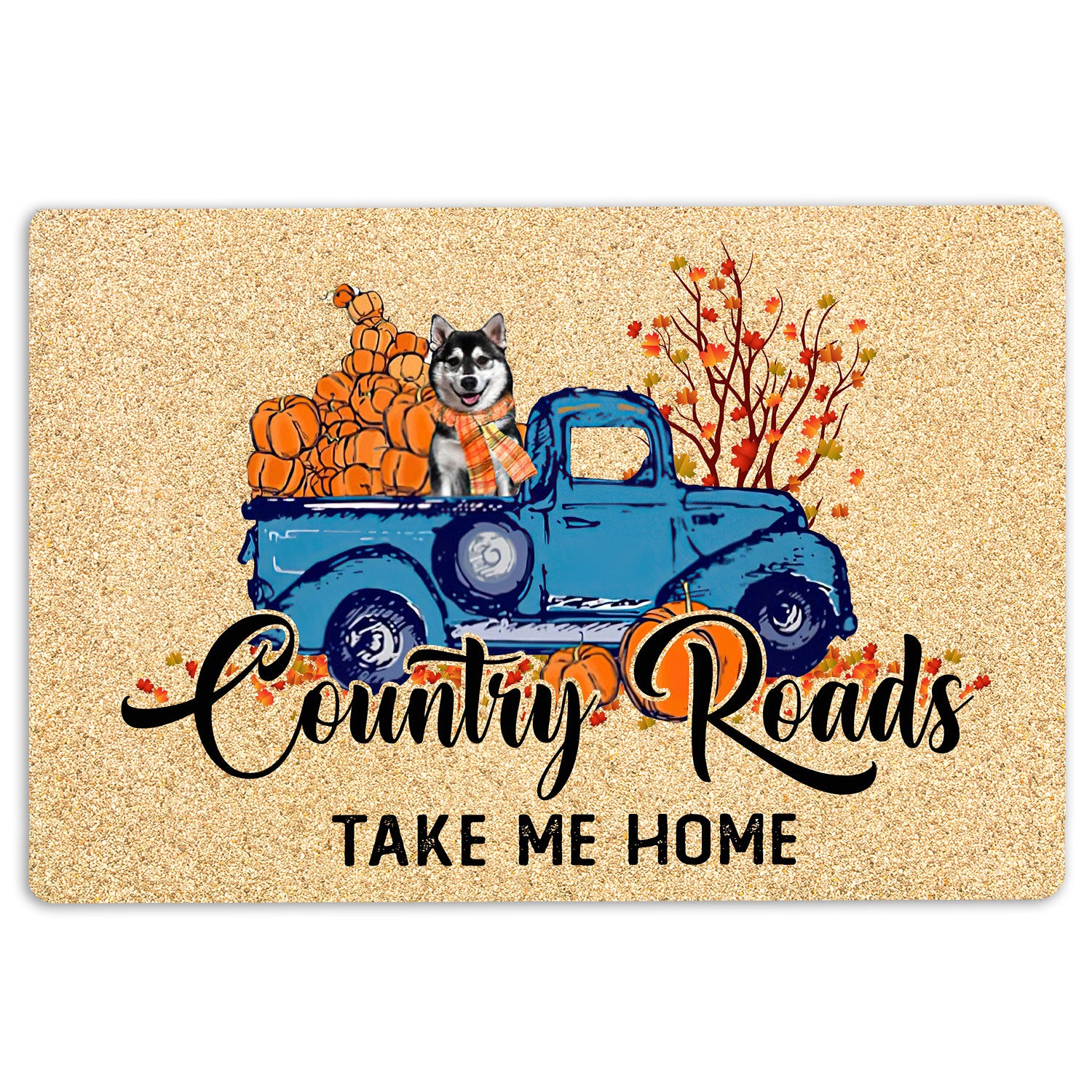 Husky Rubber Doormat, Husky Dog Country Road Take Me Home Fall Pumpkins Autumn Welcome Doormat, Indoor Outdoor Door Mat, Home Decor