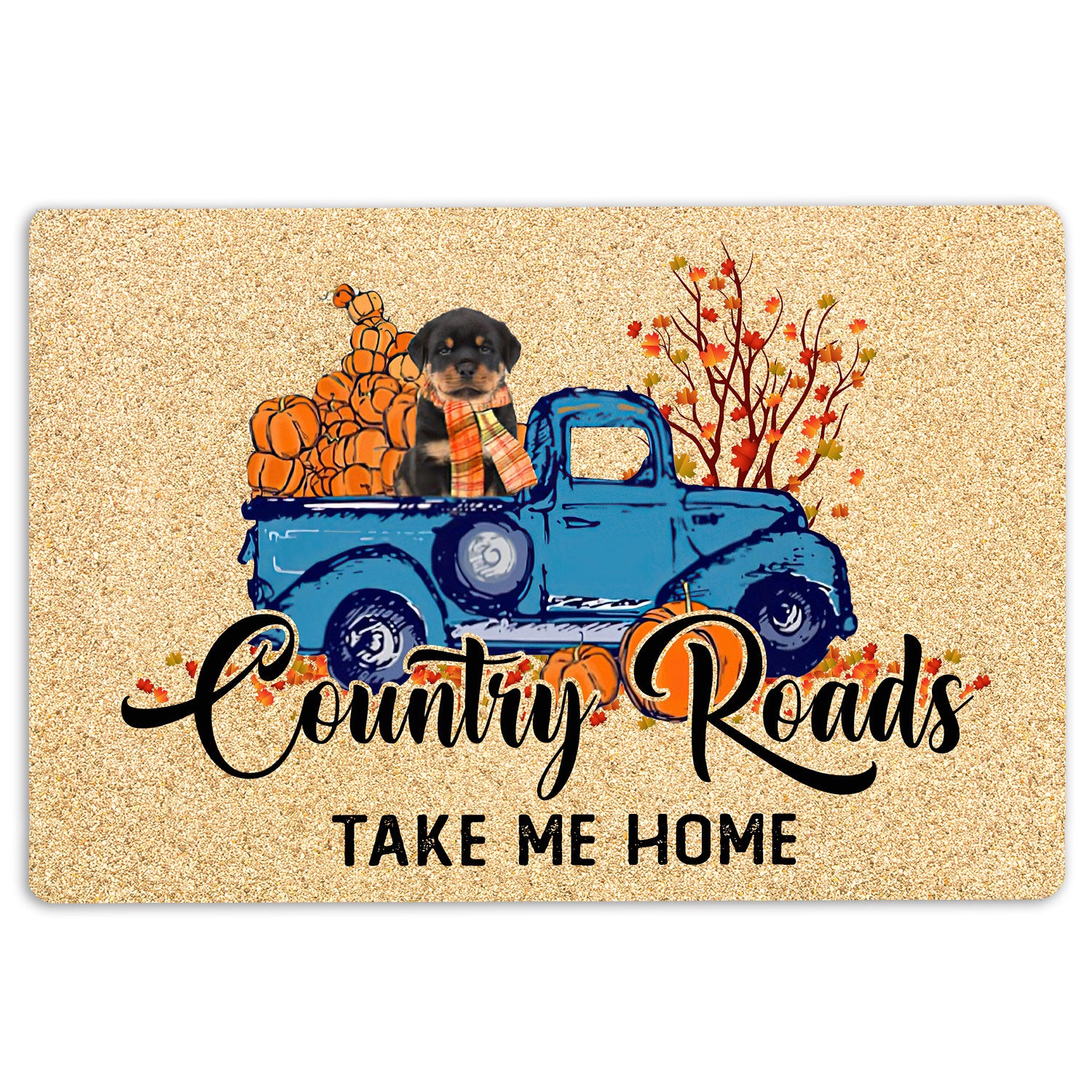 Rottweiler Rubber Doormat, Rottweiler Dog Country Road Take Me Home Fall Pumpkins Autumn Welcome Doormat, Indoor Outdoor Door Mat, Home Decor