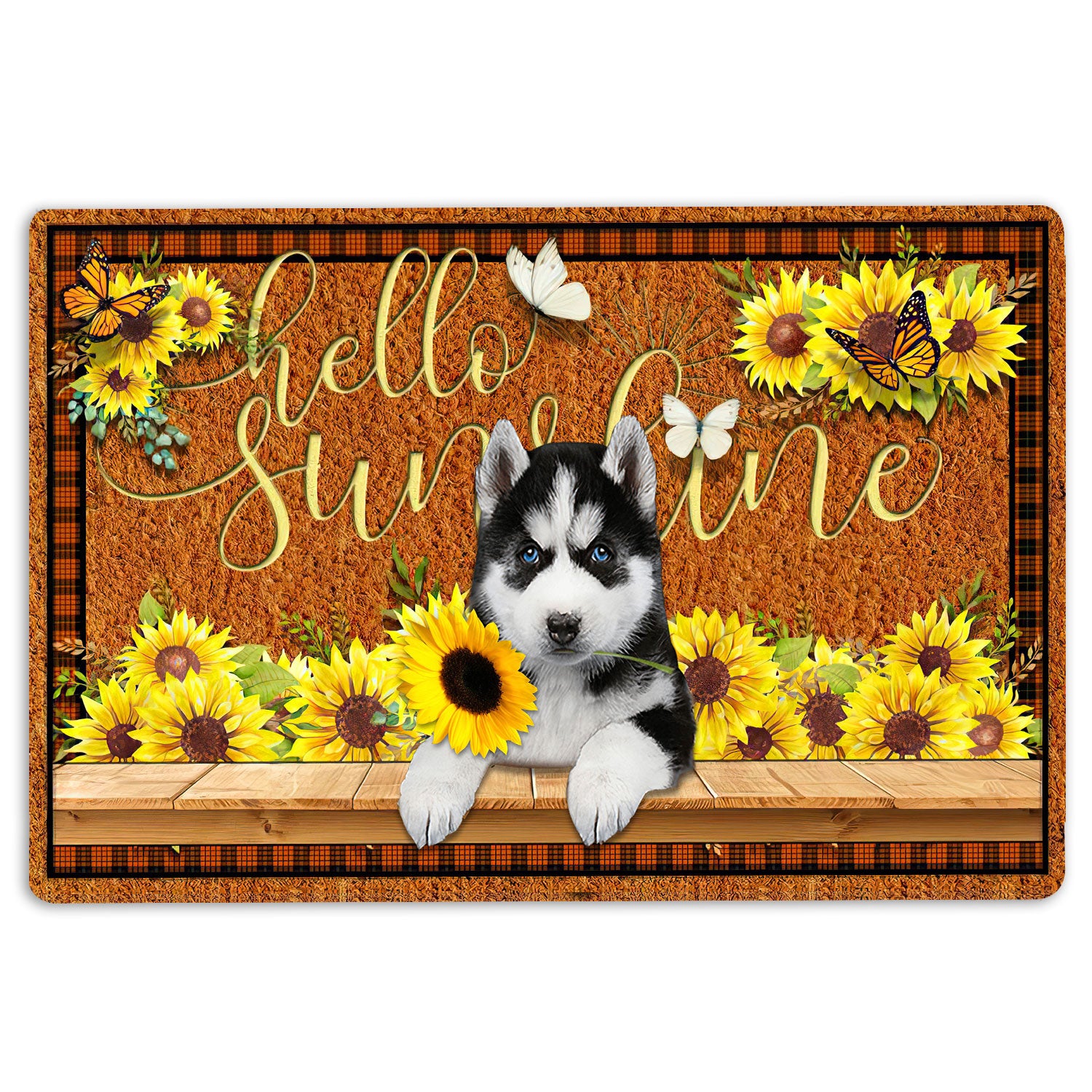 Husky Rubber Doormat, Siberian Husky Dog Hello Sunflower Butterfly Welcome Doormat, Indoor Outdoor Door Mat, Home Decor