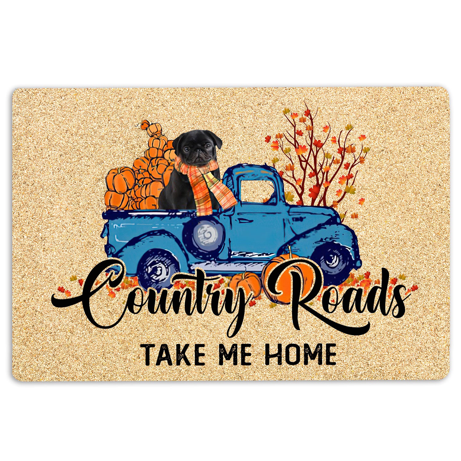 Pug Rubber Doormat, Black Pug Country Road Take Me Home Fall Pumpkins Autumn Welcome Doormat, Indoor Outdoor Door Mat, Home Decor