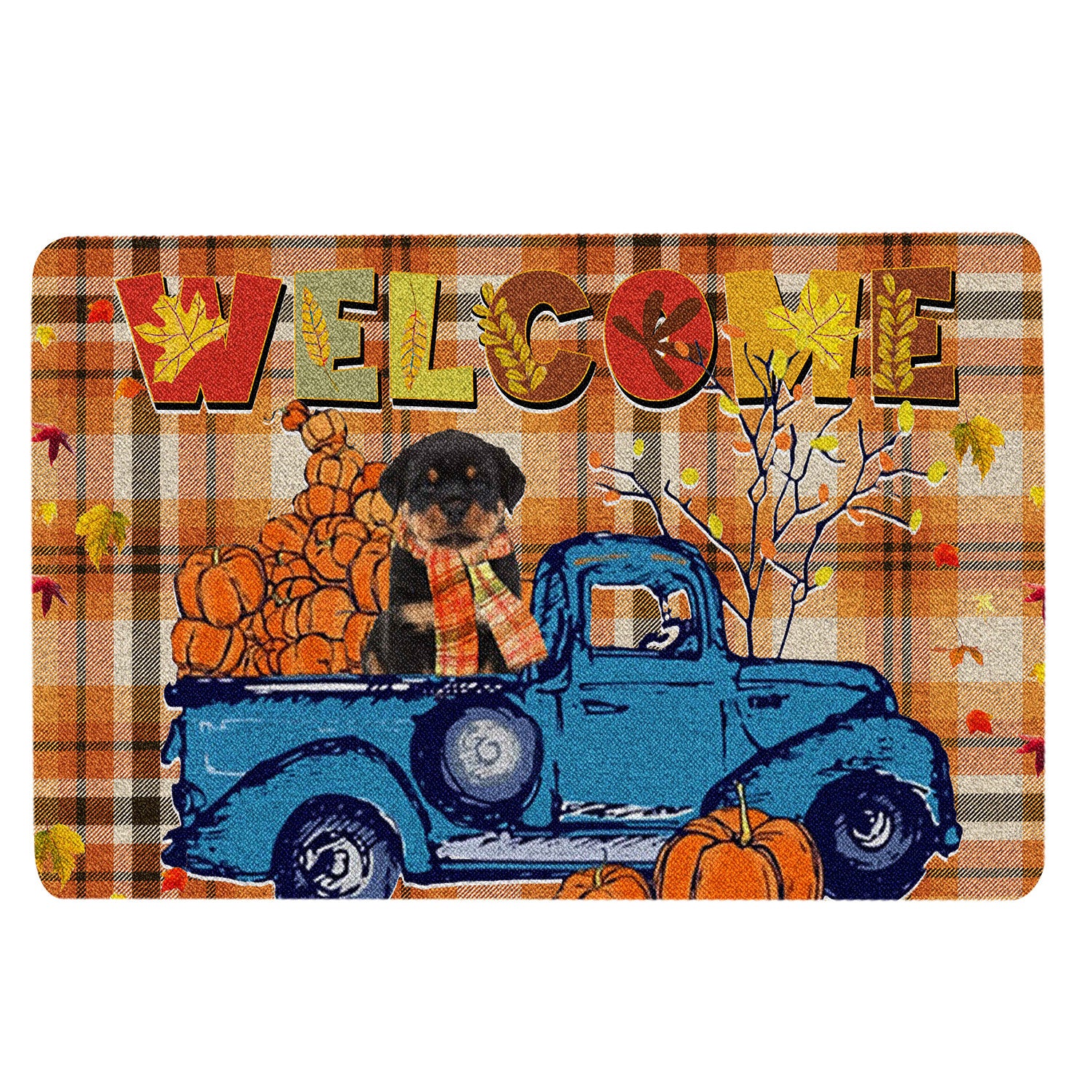 Rottweiler Rubber Doormat, Rottweiler Pumpkin Truck Autumn Happy Fall Y'All Thanksgiving Welcome Doormat, Indoor Outdoor Door Mat, Home Decor