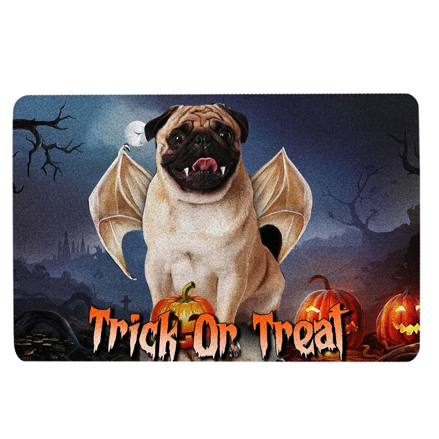 Pug Rubber Doormat, Pug Trick Or Treat Boo Happy Halloween Moon Night Pumpkin Funny Welcome Doormat, Indoor Outdoor Door Mat, Home Decor