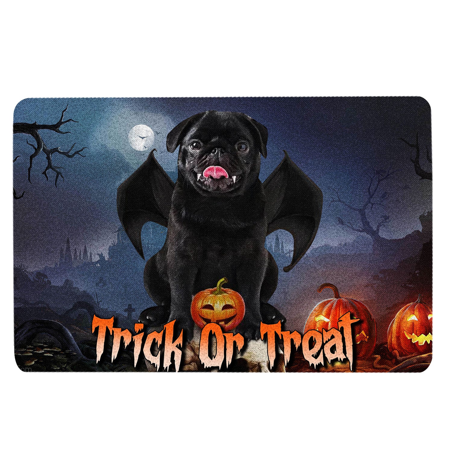 Pug Rubber Doormat, Black Pug Trick Or Treat Boo Halloween Moon Night Pumpkin Funny Welcome Doormat, Indoor Outdoor Door Mat, Home Decor