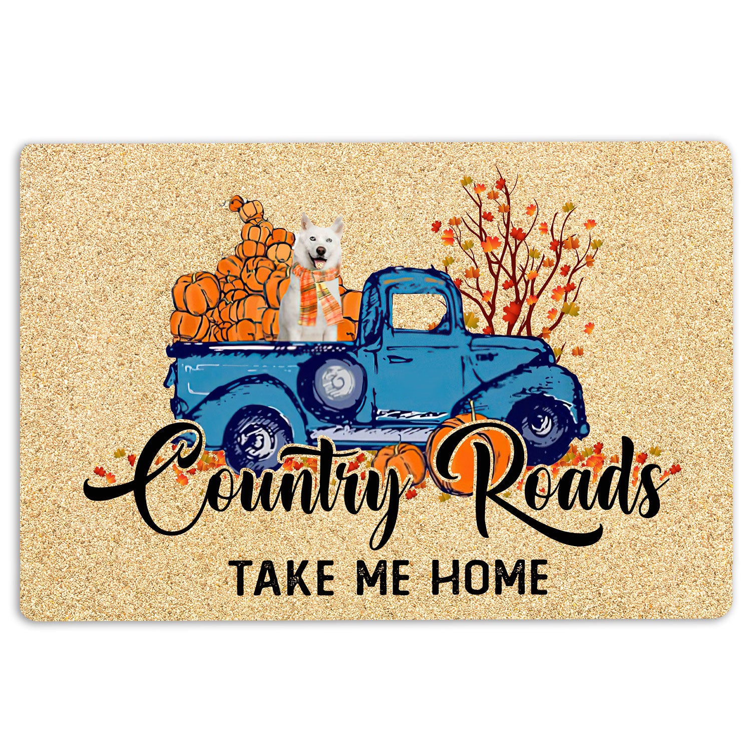 Husky Rubber Doormat, Siberian Husky Dog Country Road Take Me Home Fall Pumpkins Welcome Doormat, Indoor Outdoor Door Mat, Home Decor