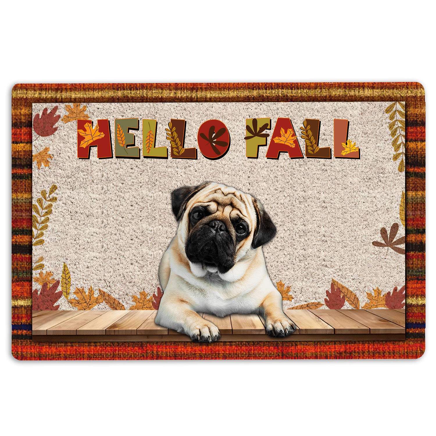 Pug Rubber Doormat, Pug Dog Hello Fall Pumpkin Spice Maple Leaf Autumn Welcome Doormat, Indoor Outdoor Door Mat, Home Decor