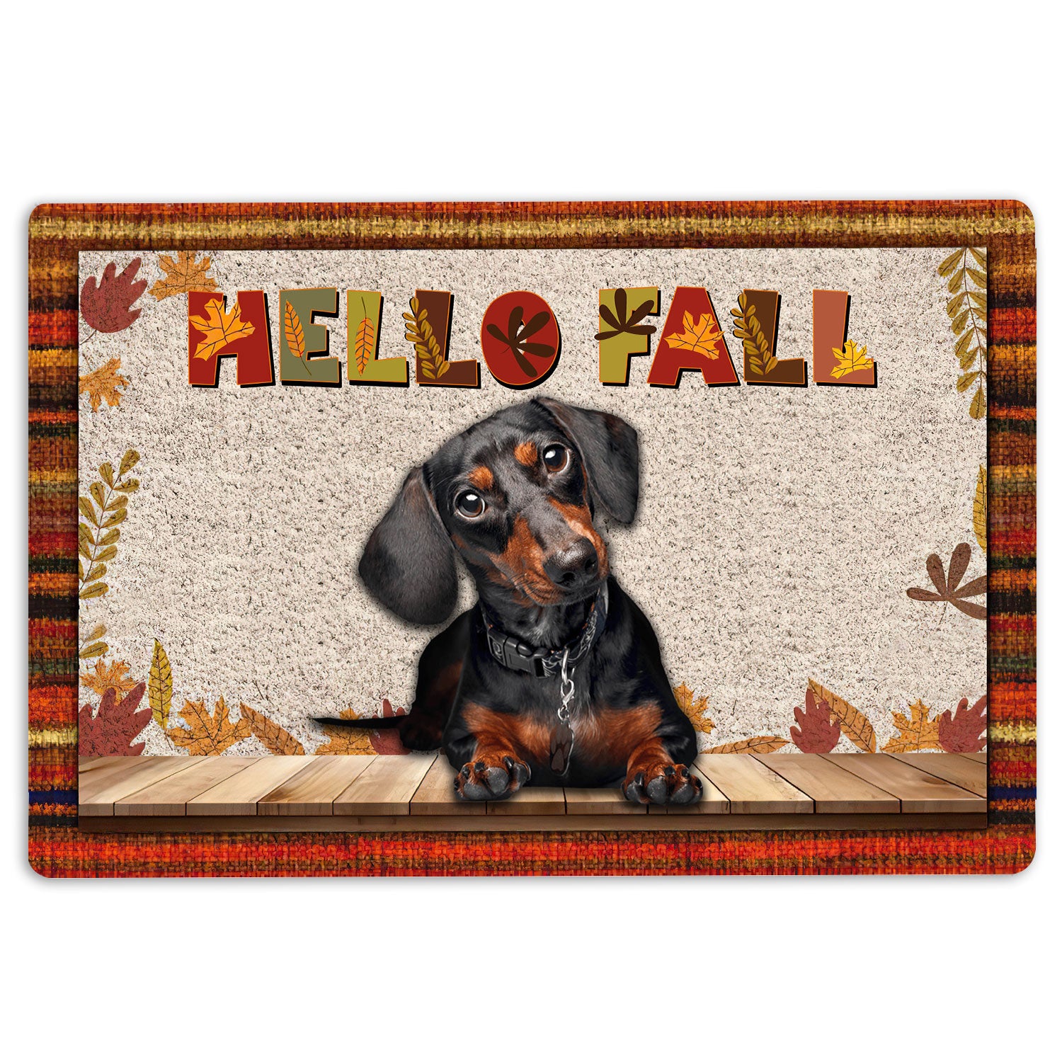 Dachshund Rubber Doormat, Black Tan Dachshund Hello Fall Pumpkin Spice Maple Leaf Autumn Welcome Doormat, Indoor Outdoor Door Mat, Home Decor