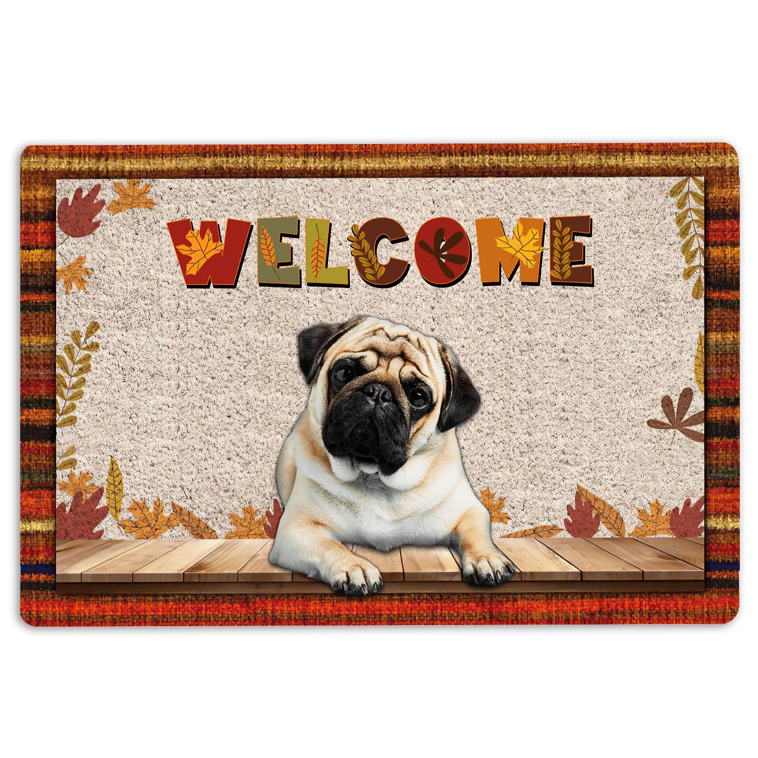 Pug Rubber Doormat, Pug Dog Welcome Fall Autumn Pumpkin Spice Maple Leaf Welcome Doormat, Indoor Outdoor Door Mat, Home Decor