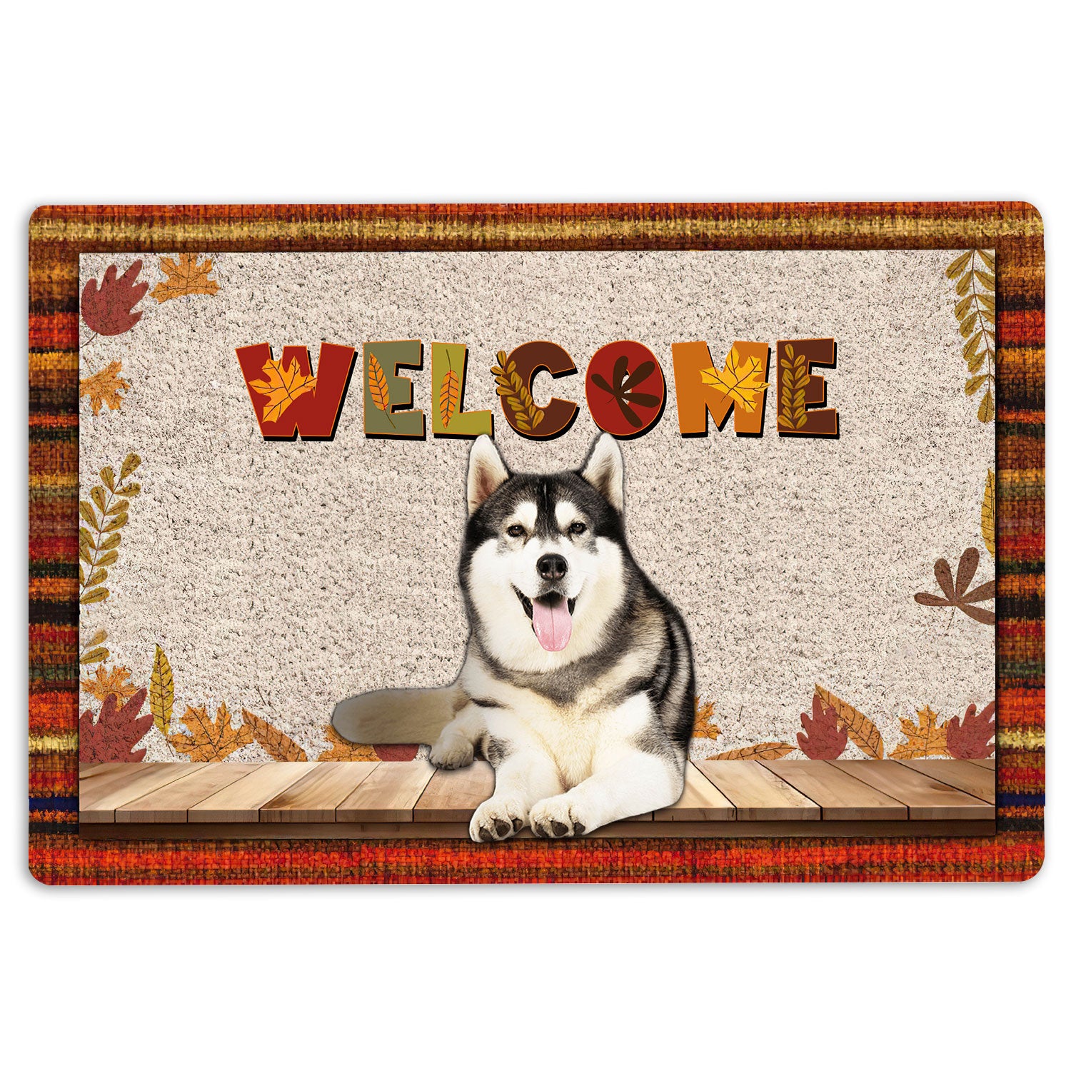 Husky Rubber Doormat, Siberian Husky Dog Welcome Fall Autumn Pumpkin Spice Maple Leaf Welcome Doormat, Indoor Outdoor Door Mat, Home Decor