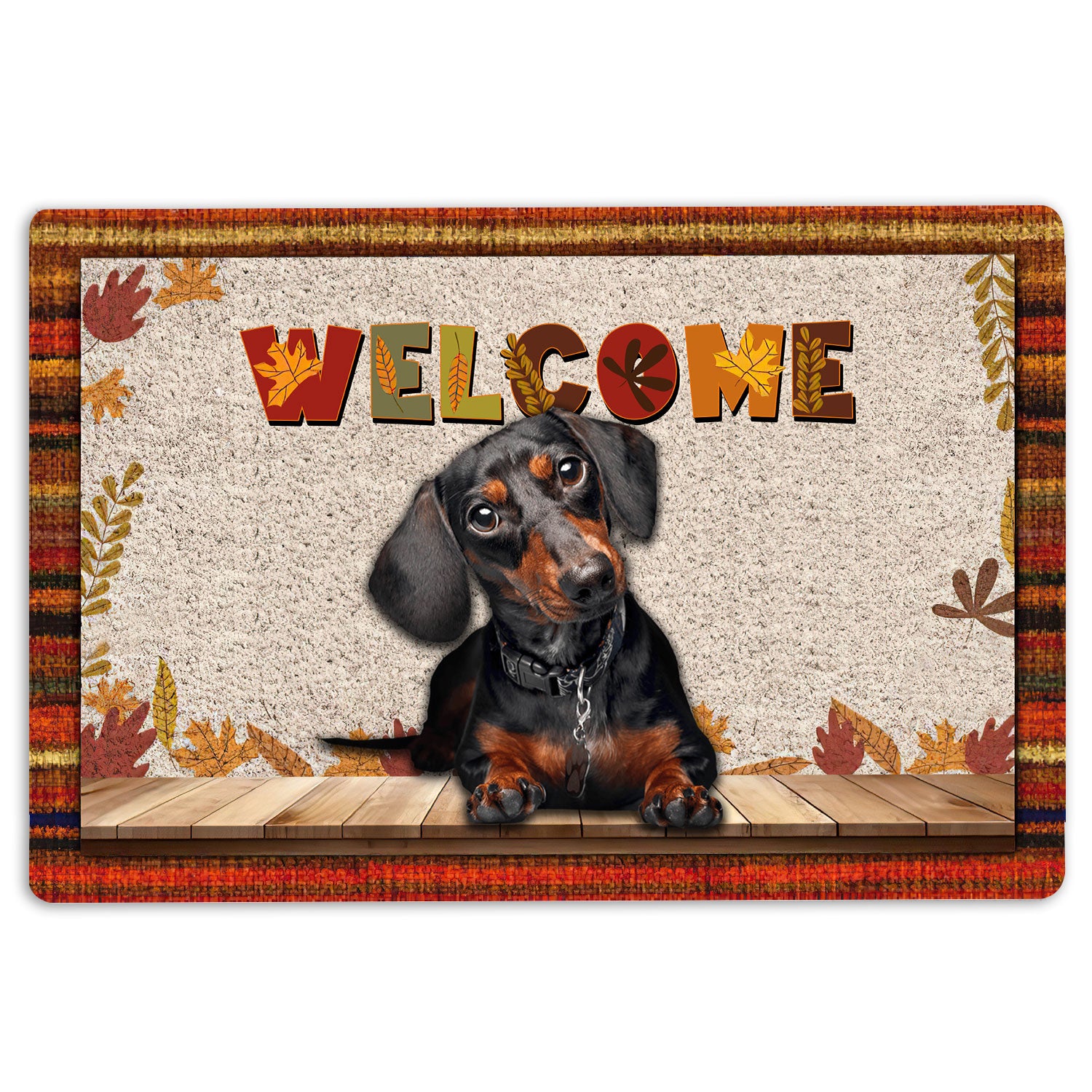 Dachshund Rubber Doormat, Black Tan Dachshund Welcome Fall Autumn Pumpkin Spice Maple Leaf Welcome Doormat, Indoor Outdoor Door Mat, Home Decor
