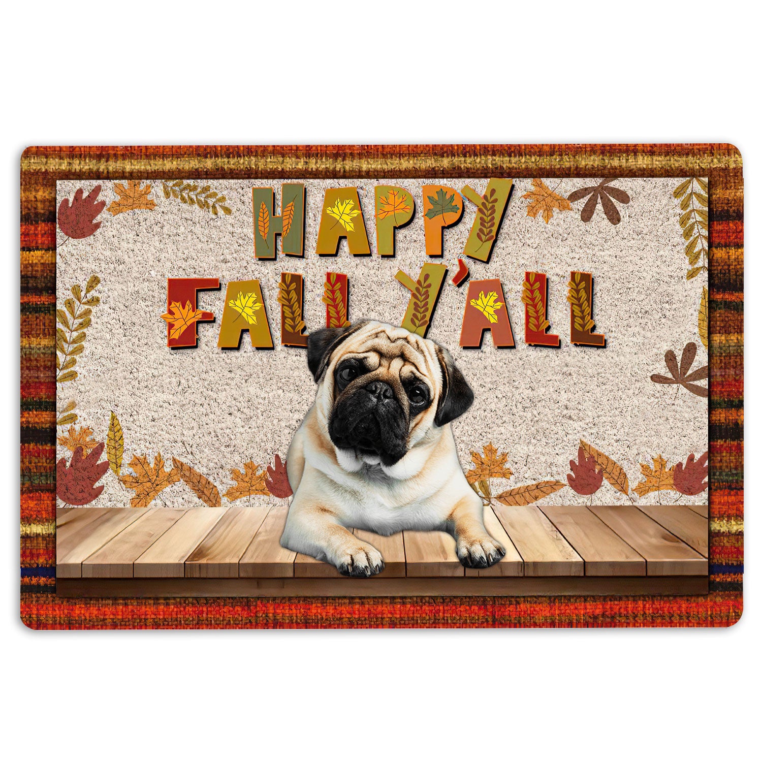 Pug Rubber Doormat, Pug Dog Happy Fall Y'All Pumpkin Spice Maple Leaf Welcome Doormat, Indoor Outdoor Door Mat, Home Decor