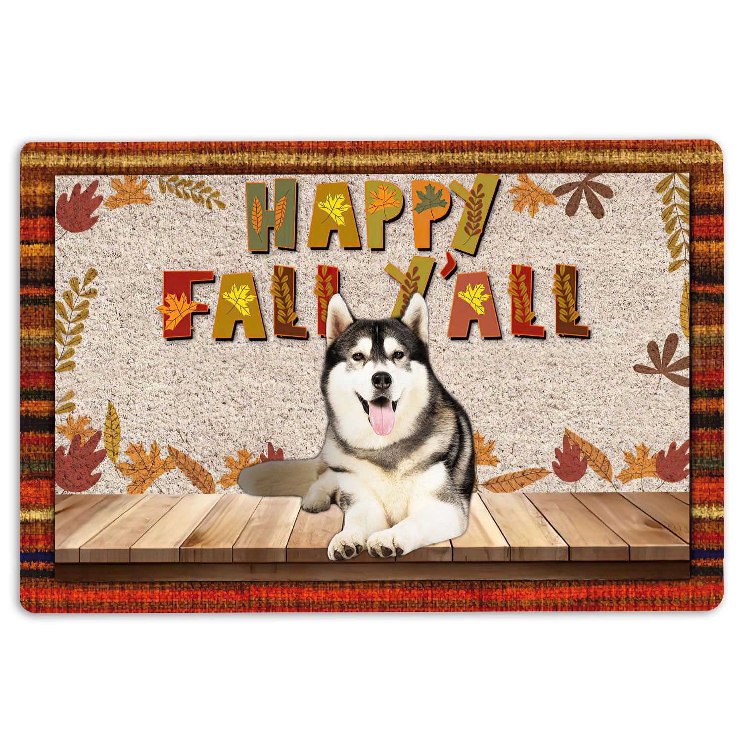 Husky Rubber Doormat, Siberian Husky Dog Happy Fall Y'All Pumpkin Spice Maple Leaf Welcome Doormat, Indoor Outdoor Door Mat, Home Decor
