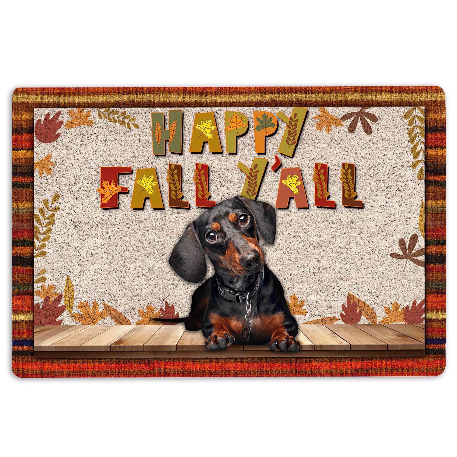 Dachshund Rubber Doormat, Black Tan Dachshund Happy Fall Y'All Pumpkin Spice Maple Leaf Welcome Doormat, Indoor Outdoor Door Mat, Home Decor