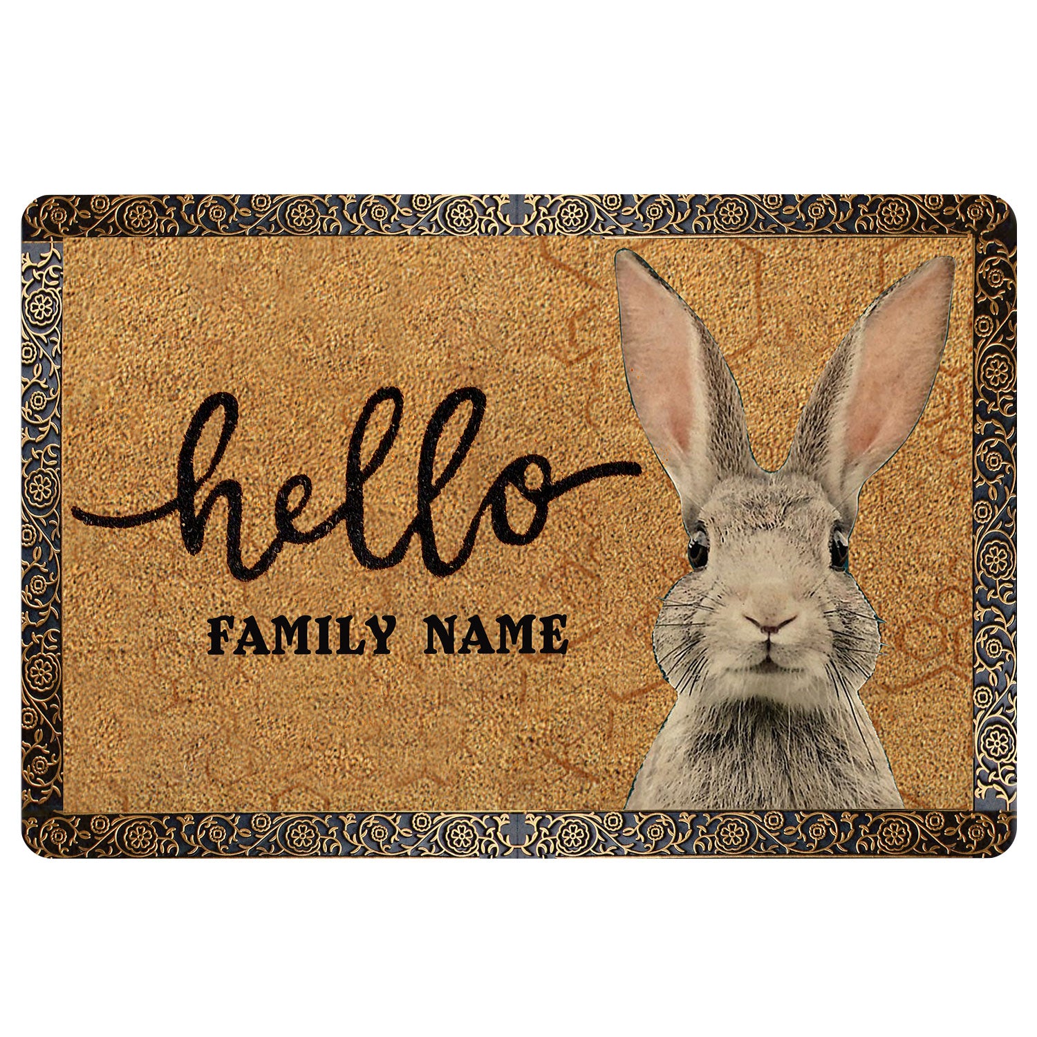 Rabbit Rubber Doormat, Rabbit Bunny Pet Lover Gift Idea Brown Welcome Doormat, Custom Name Indoor Outdoor Door Mat, Home Decor