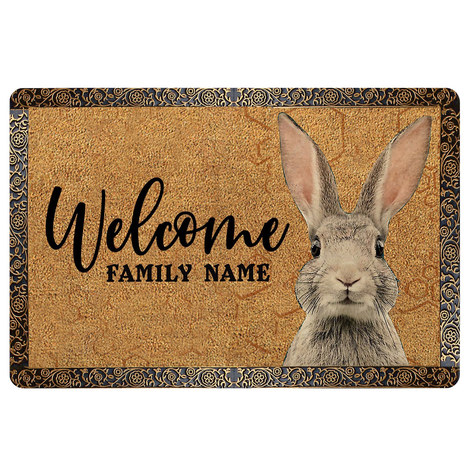 Rabbit Rubber Doormat, Funny Rabbit Pet Lover Gift Idea Brown Welcome Doormat, Custom Name Indoor Outdoor Door Mat, Home Decor