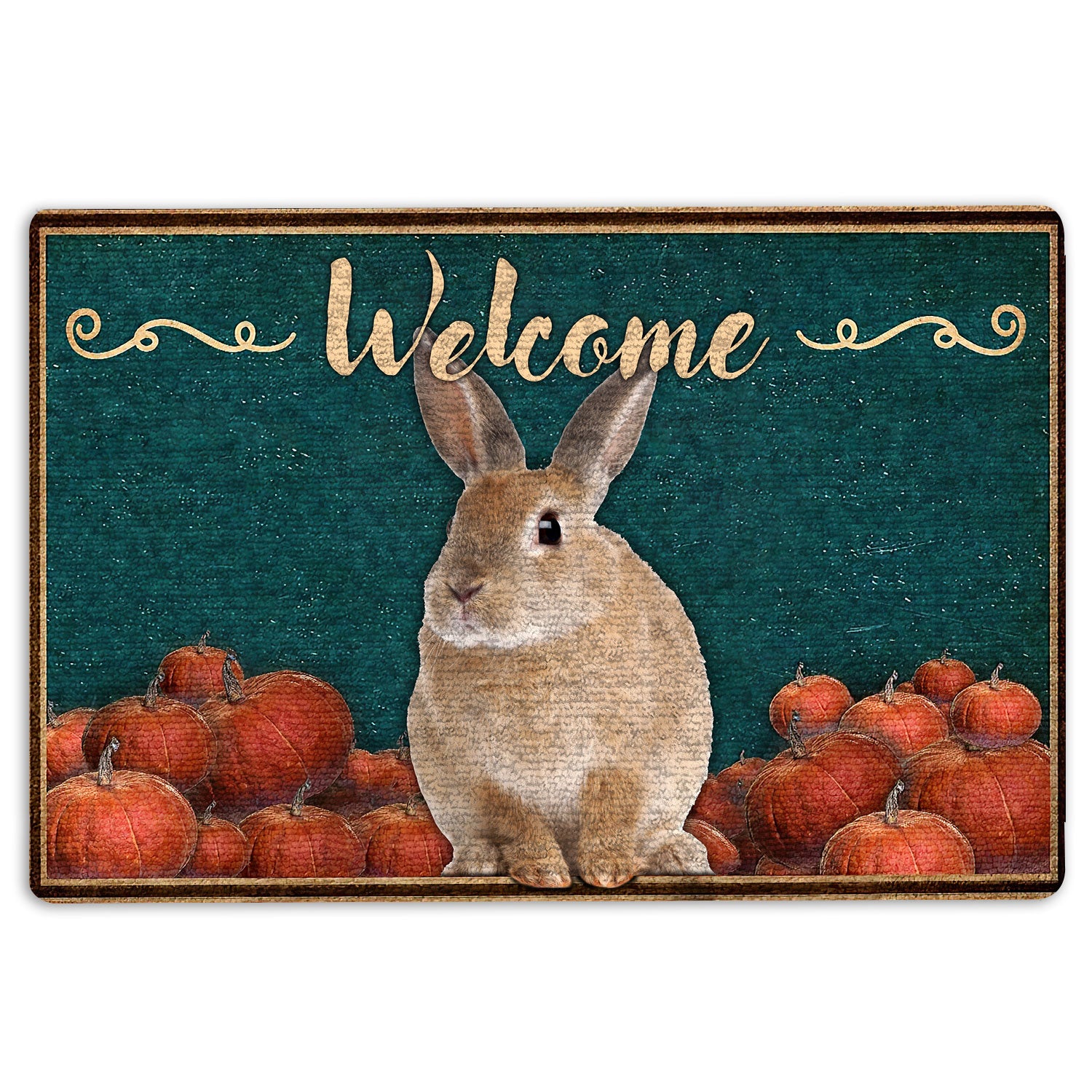 Rabbit Rubber Doormat, Bunny Rabbit Pumpkin Welcome Fall Halloween Thanksgiving Holiday Welcome Doormat, Indoor Outdoor Door Mat, Home Decor