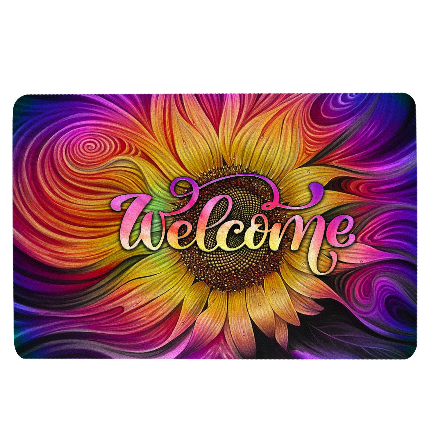 Hippie Rubber Doormat, Tie Dye Sunflower Hippie Unique Housewarming Gift Idea Welcome Doormat, Indoor Outdoor Door Mat, Home Decor