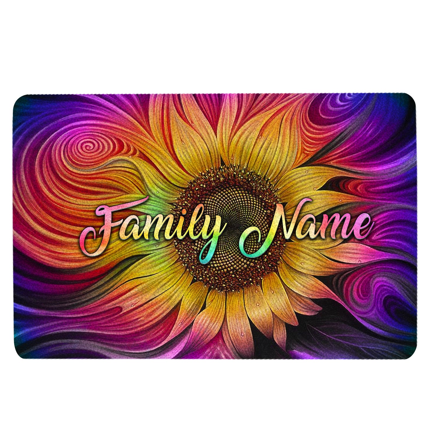 Hippie Rubber Doormat, Tie Dye Sunflower Hippie Gift Welcome Doormat, Custom Name Indoor Outdoor Door Mat, Home Decor