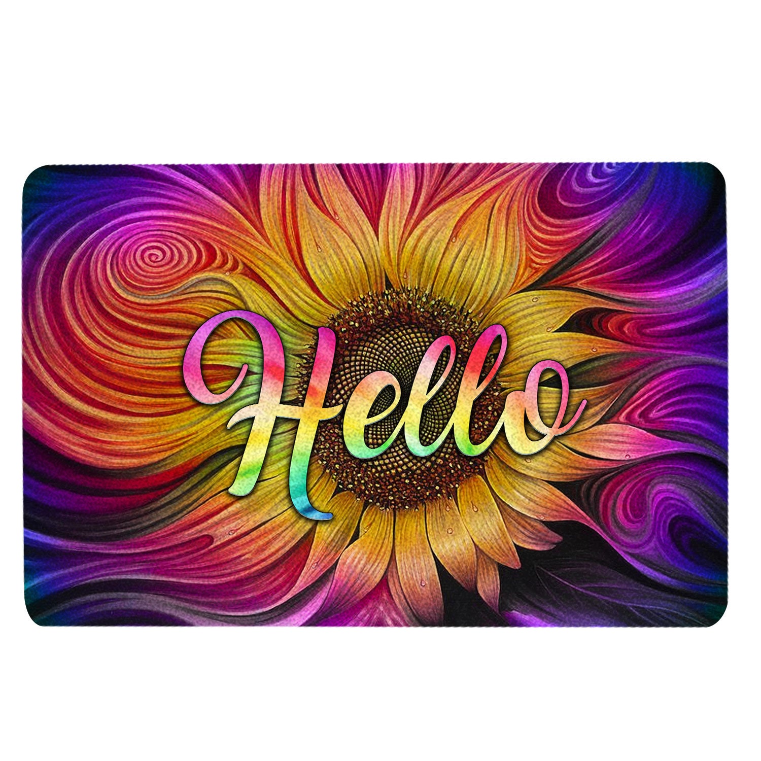 Hippie Rubber Doormat, Tie Dye Sunflower Hippie Hello Housewarming Gift Idea Welcome Doormat, Indoor Outdoor Door Mat, Home Decor