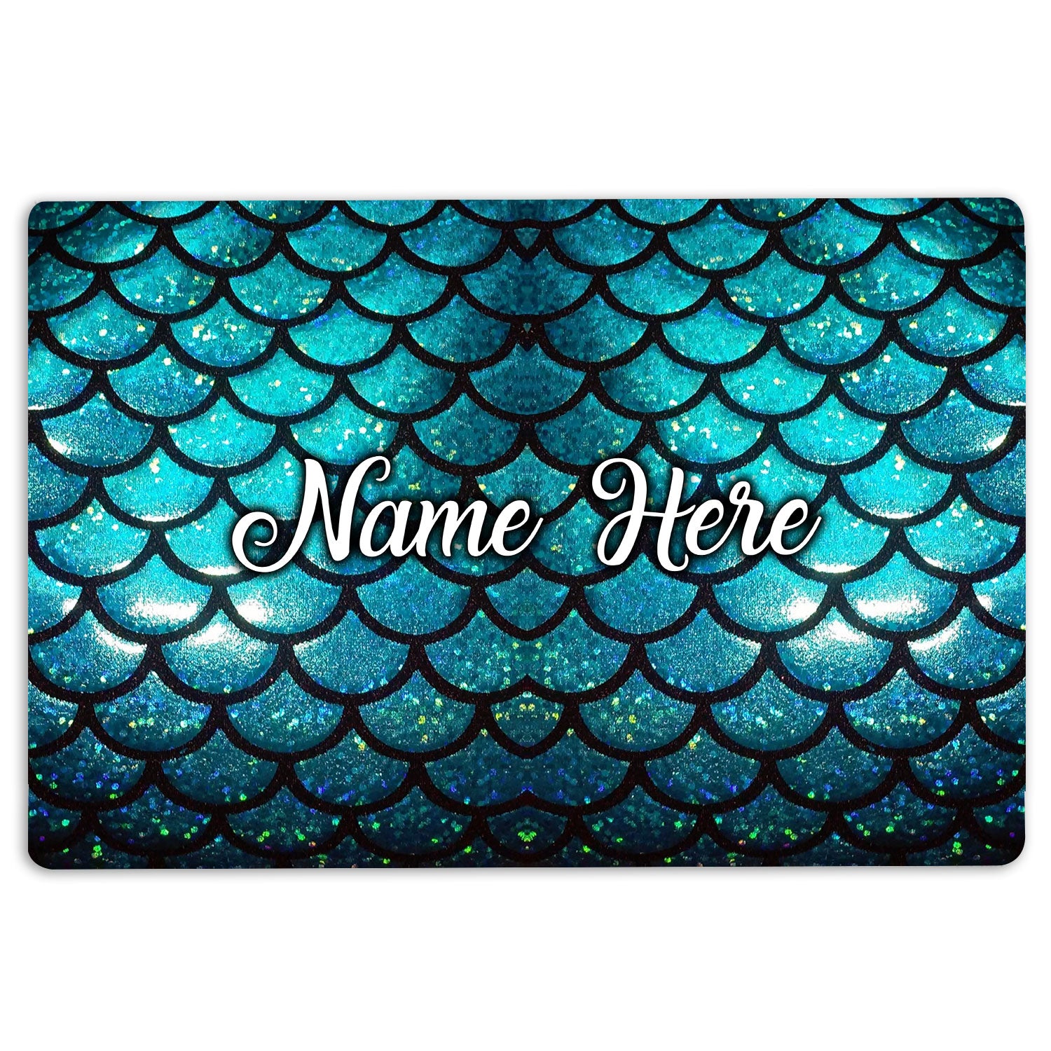 Mermaid Rubber Doormat, Blue Cyan Mermaid Scale Sea Ocean Lover Welcome Doormat, Custom Name Indoor Outdoor Door Mat, Home Decor