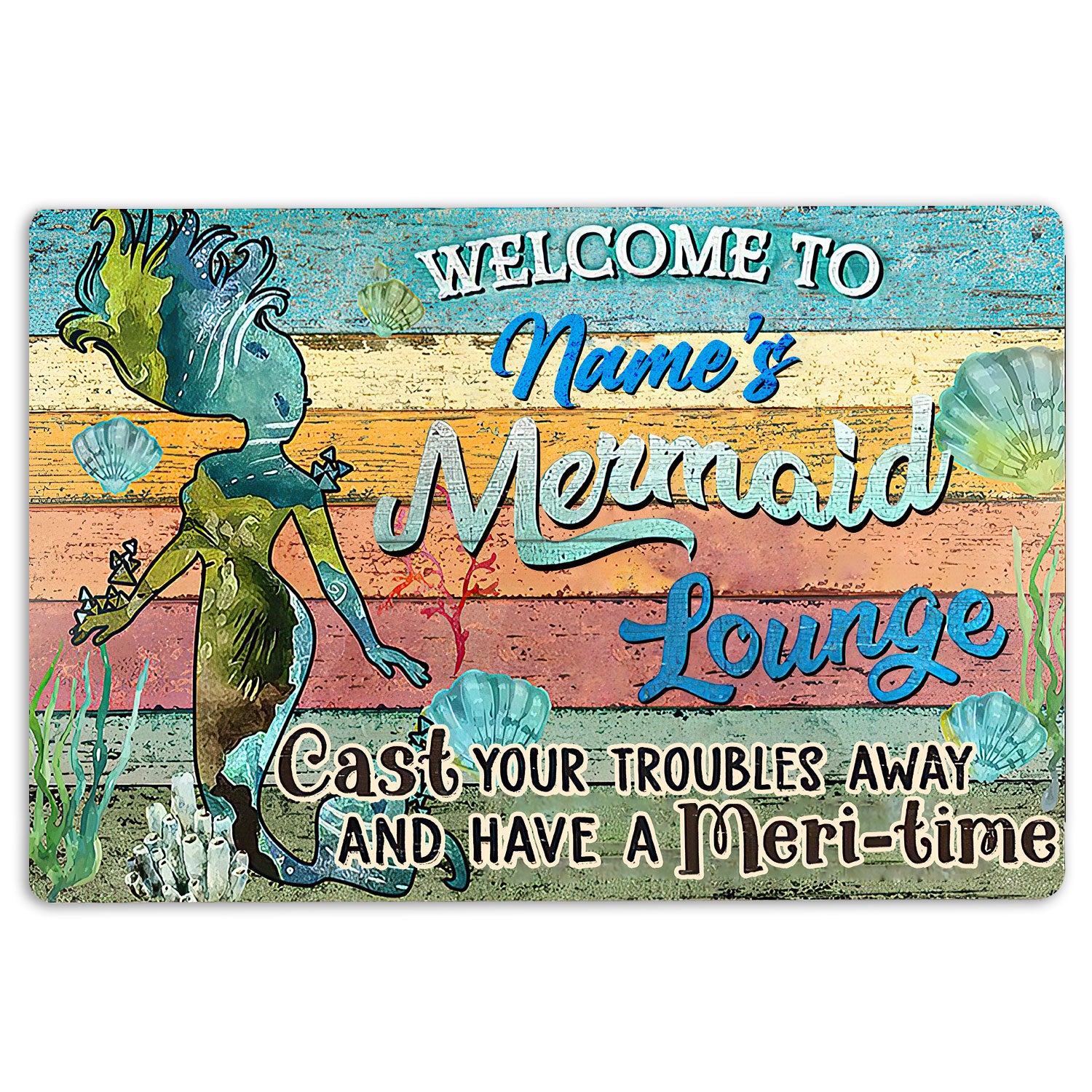 Mermaid Rubber Doormat, Mermaid Lounge Vintage Sea Ocean Lover Welcome Doormat, Custom Name Indoor Outdoor Door Mat, Home Decor