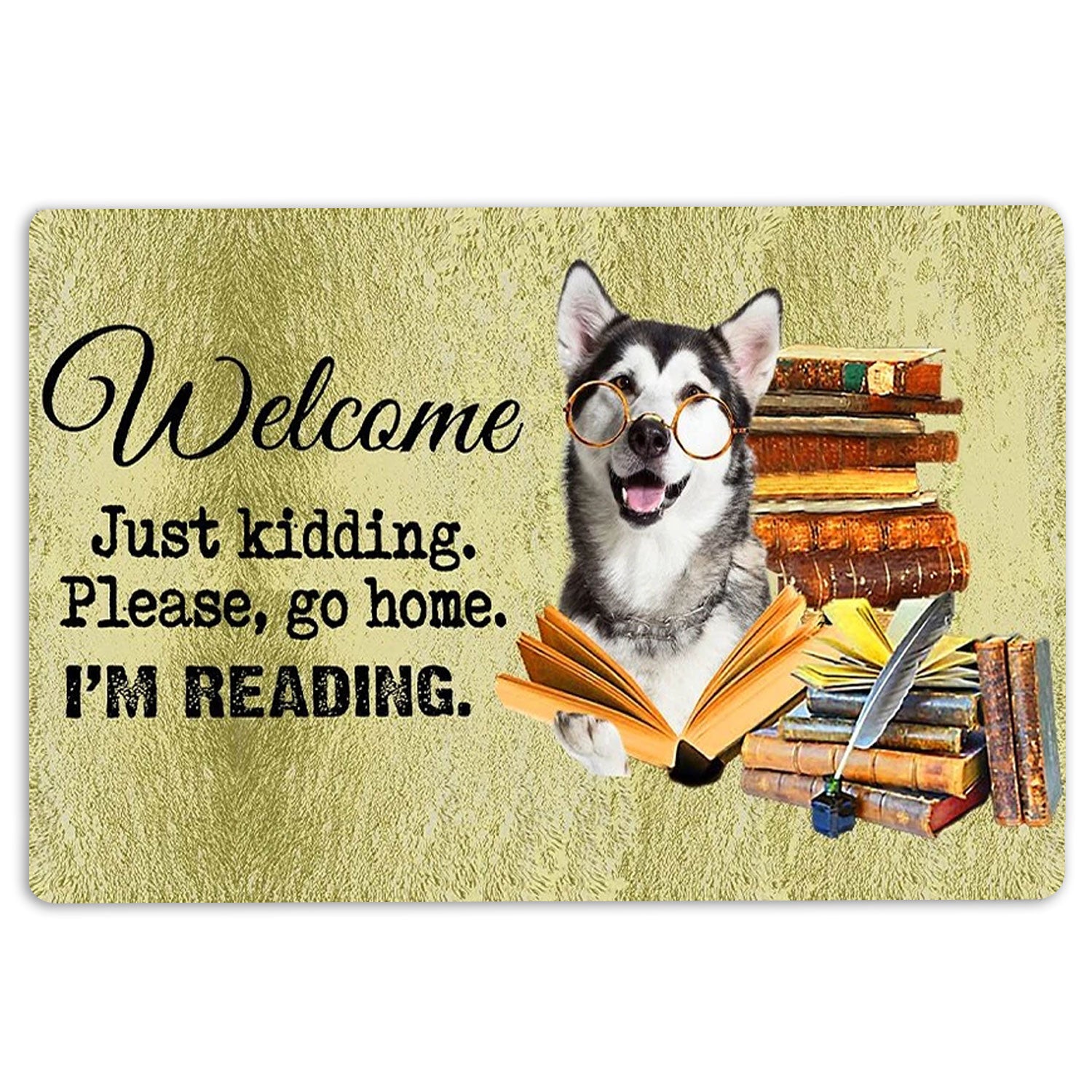 Husky Rubber Doormat, Husky Sibir Dog And Book Please Go Home I'M Reading Welcome Doormat, Indoor Outdoor Door Mat, Home Decor
