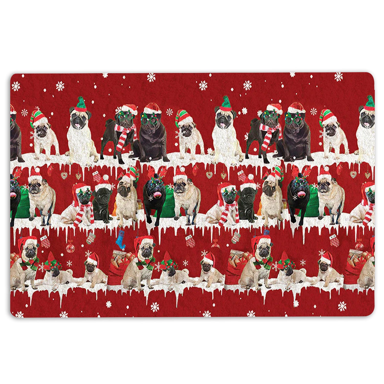 Pug Rubber Doormat, Pug Merry Christmas Snowflake Christmas Tree Welcome Doormat, Indoor Outdoor Door Mat, Home Decor