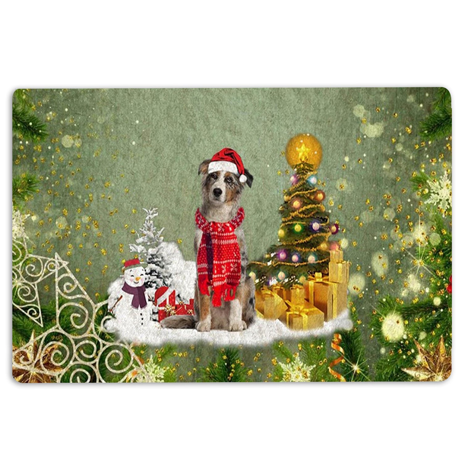 Australian Shepherd Rubber Doormat, Australian Shepherd Merry Christmas Snow Christmas Tree Xmas Welcome Doormat, Indoor Outdoor Door Mat, Home Decor