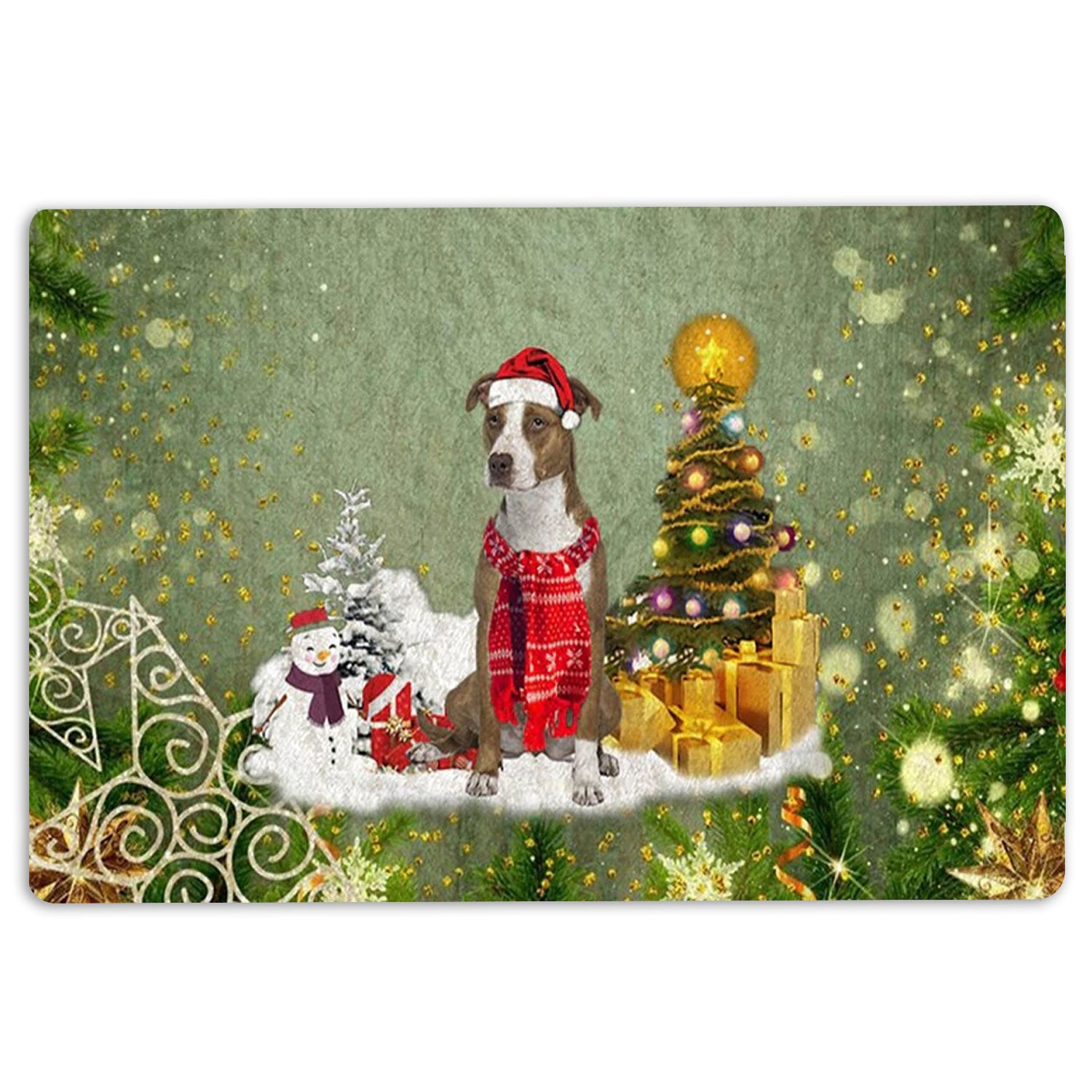Pitbull Rubber Doormat, Pitbull Dog Merry Christmas Snow Christmas Tree Xmas Holidays Welcome Doormat, Indoor Outdoor Door Mat, Home Decor